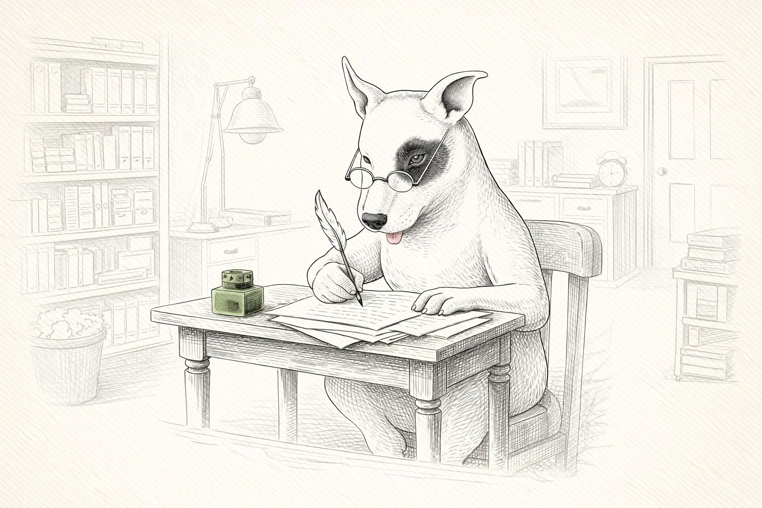 A drawing of a dog with glasses, sitting at a desk, writing with a quill, in an office setting.