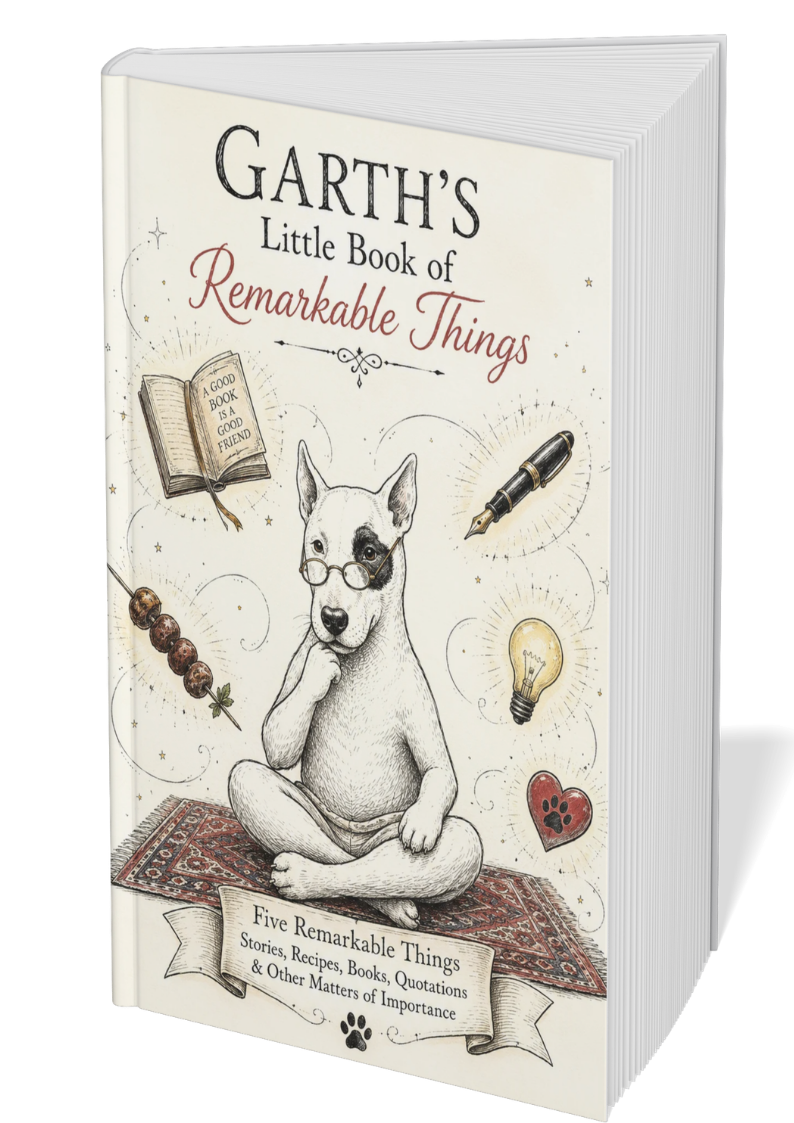 Book titled "Garth's Little Book of Remarkable Things" featuring a Bull Terrier with glasses sitting cross-legged on a rug surrounded by illustrations of a book, skewer, light bulb, heart with paw print, and writing quill.