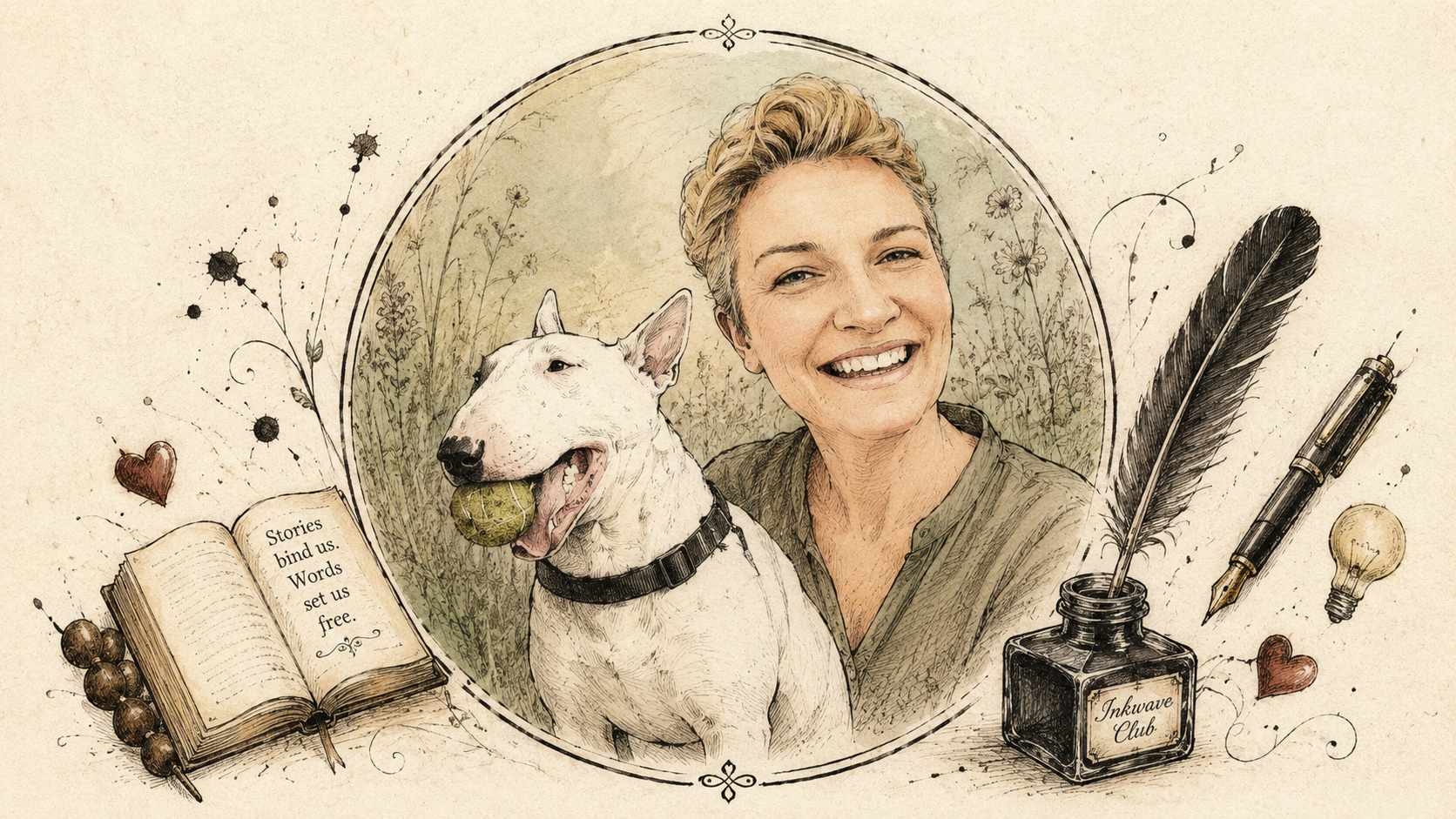 A woman with short blonde hair smiling while posing with her white Bull Terrier dog holding a tennis ball in its mouth. The background features a faded field and decorative elements such as an open book with the words "Stories bind us. Words set us free," a quill in an inkwell labeled "Inkwave Club," a fountain pen, a lightbulb, and small heart and dot illustrations.