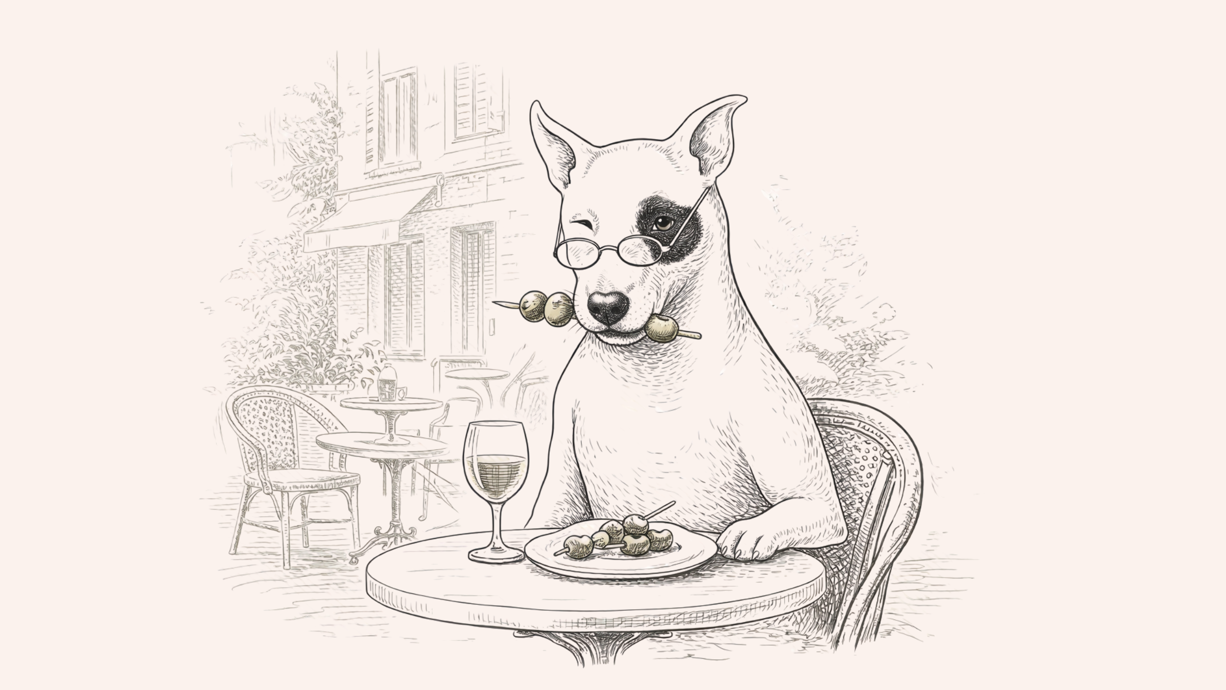 A sketch of a dog wearing glasses and a black eye patch, sitting at a table with a glass of wine and a plate of olives, in an outdoor cafe setting.