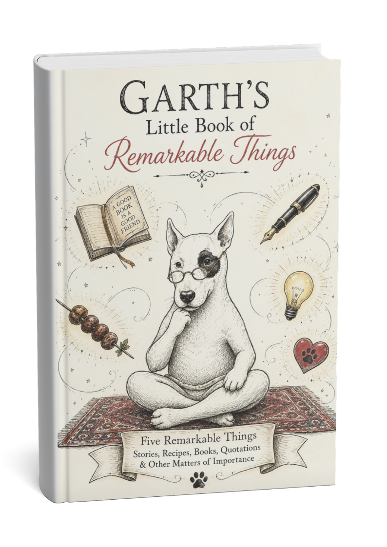 Book titled "Garth's Little Book of Remarkable Things" featuring an illustration of a dog with glasses sitting cross-legged on a rug, surrounded by icons of a book, pen, light bulb, heart, and food skewer.