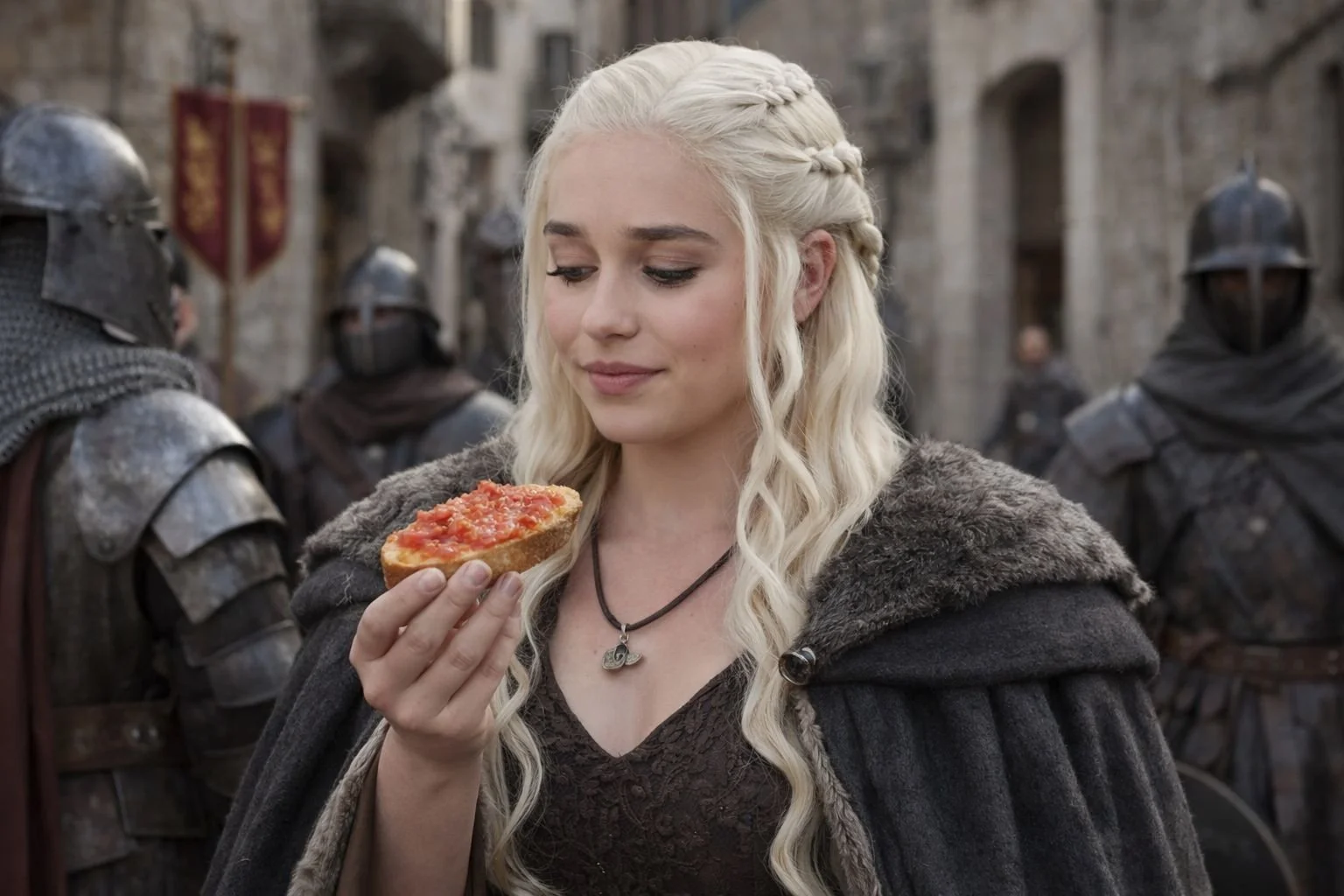 A woman with long, wavy blond hair, wearing medieval-style clothing and a necklace, smiling softly as she holds a piece of bread with tomato topping in her hand, with armored soldiers in the background in a medieval setting.