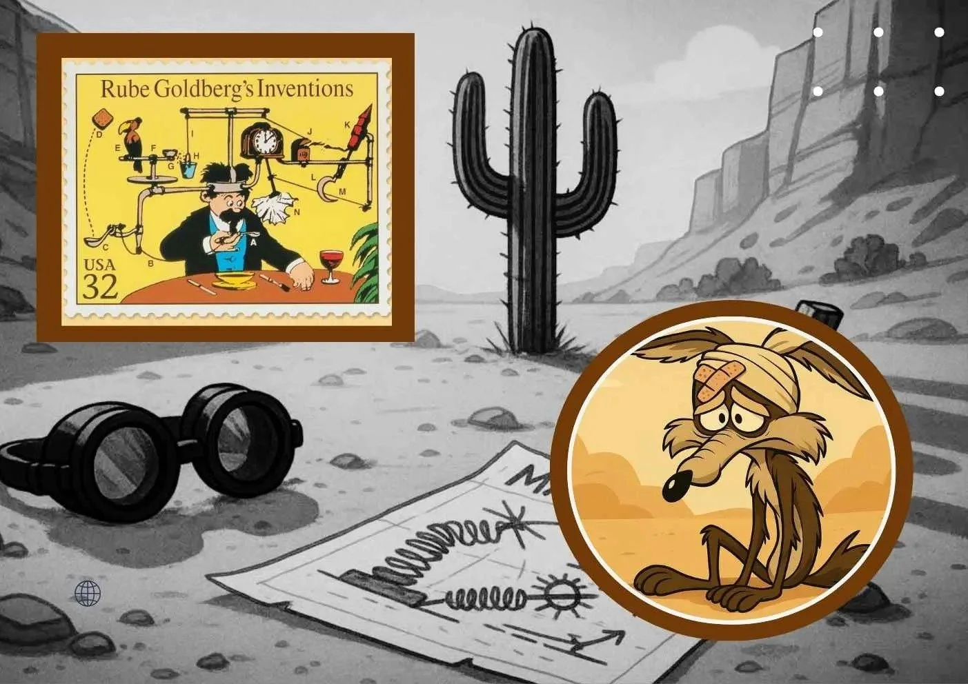 A desert landscape with a cactus in the background, black sunglasses on the ground, a cartoon sheep in a circular frame with bandages and a worried expression, and a postage stamp featuring Rube Goldberg's humorous invention with various machines and a man eating dinner.