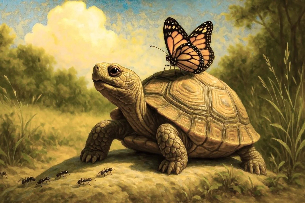 A realistic landscape painting featuring a tortoise with a butterfly perched on its shell and ants walking on the ground. The background shows trees and a cloudy sky.