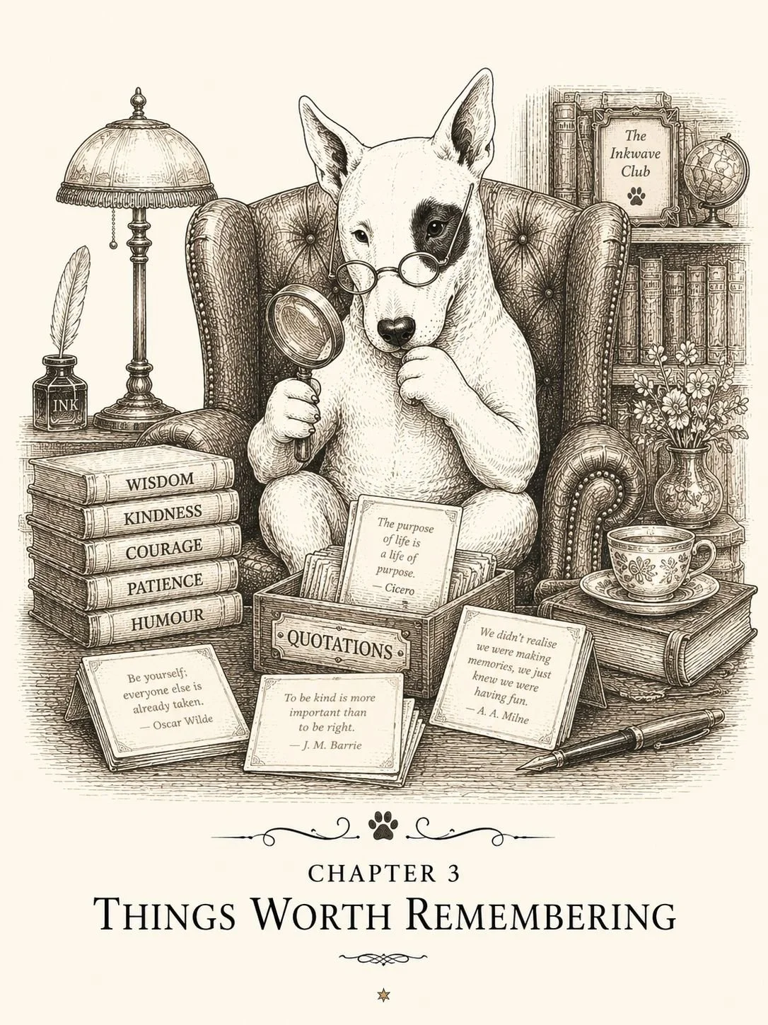 A Bull Terrier with glasses holding a magnifying glass, sitting in an armchair surrounded by books, quotes, and decorative items, in a vintage-style illustration.