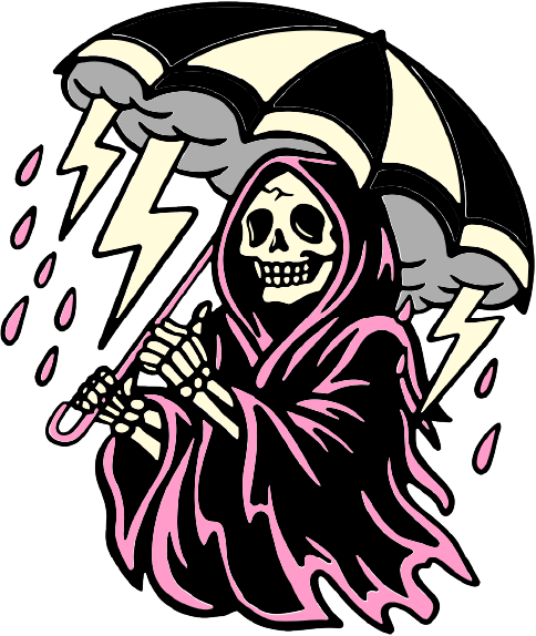 skeleton with umbrella in the rain