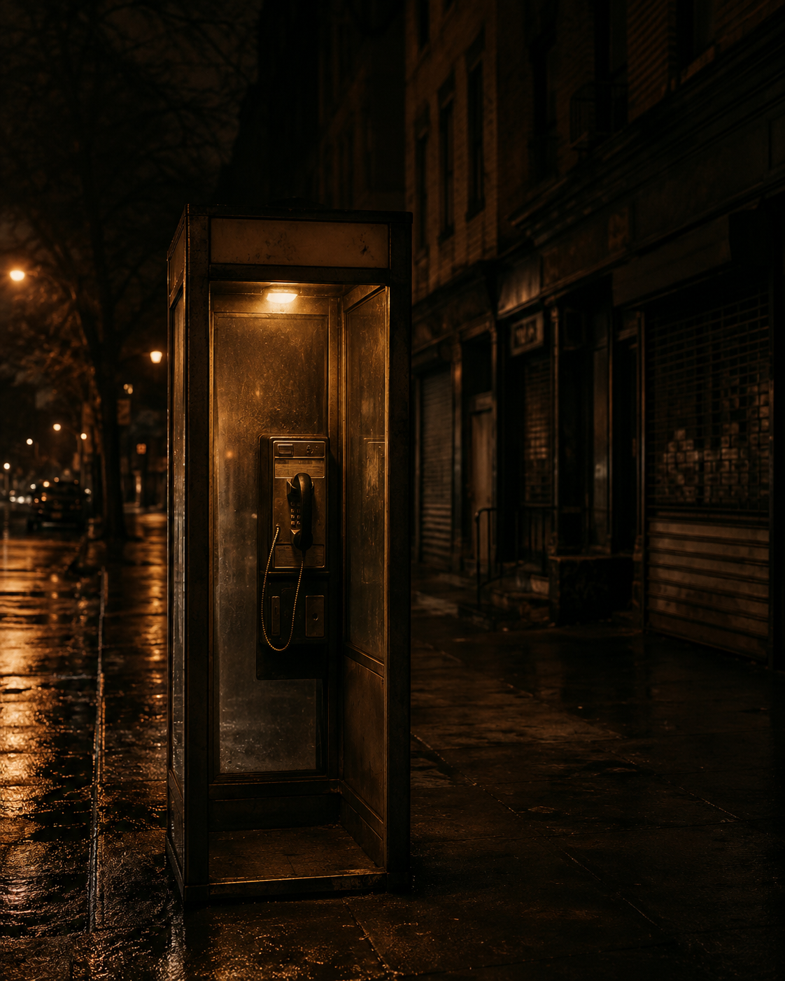 A lit phone booth glowing on an empty, rain-slicked Queens street at night.