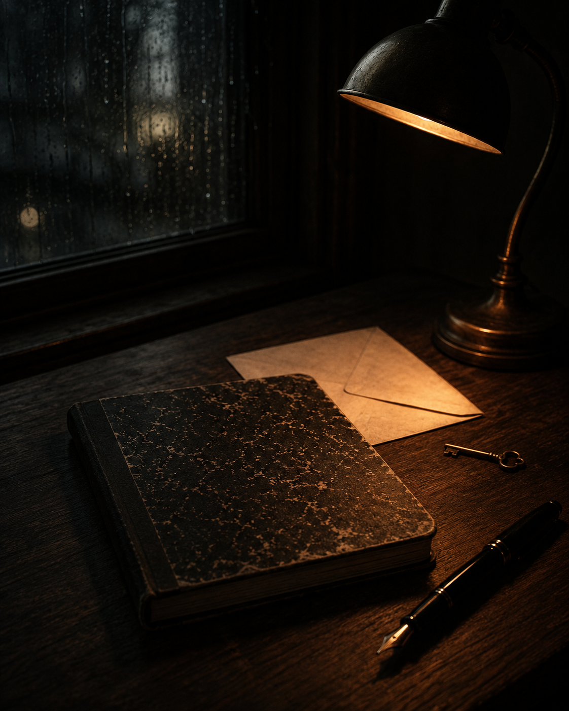 A worn marble notebook and sealed envelope under a desk lamp, rain on the window behind, at night.