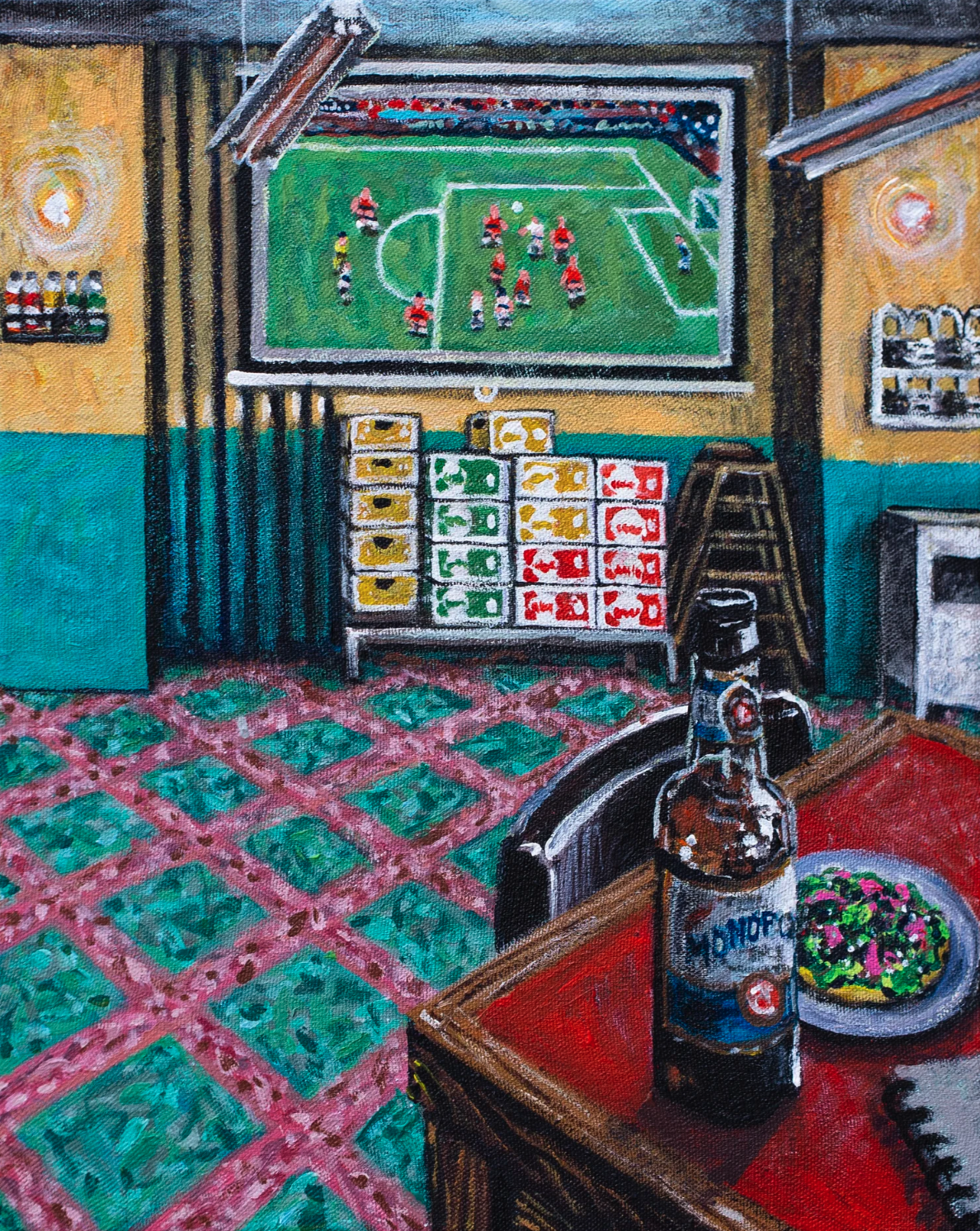 Watching the World Cup at Tacombi |
16×20” Acrylic on canvas, 2022 |