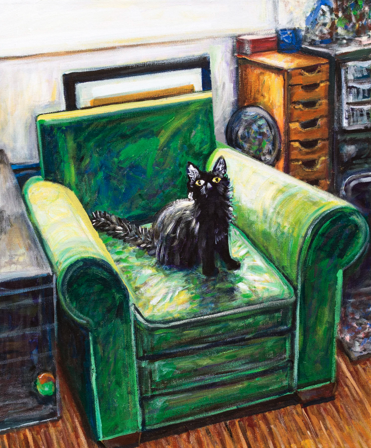 Cat on a Green Chair |
24×24” Acrylic Painting on canvas, 2021 |