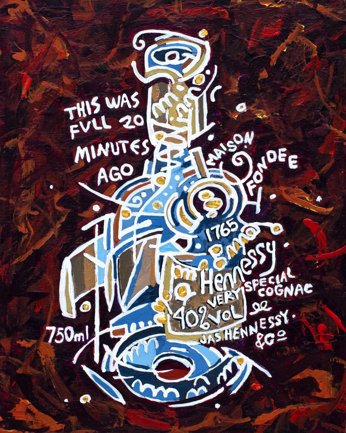 Empty Hennessy Bottle |
8×10” Acrylic on wood board, 2023 |