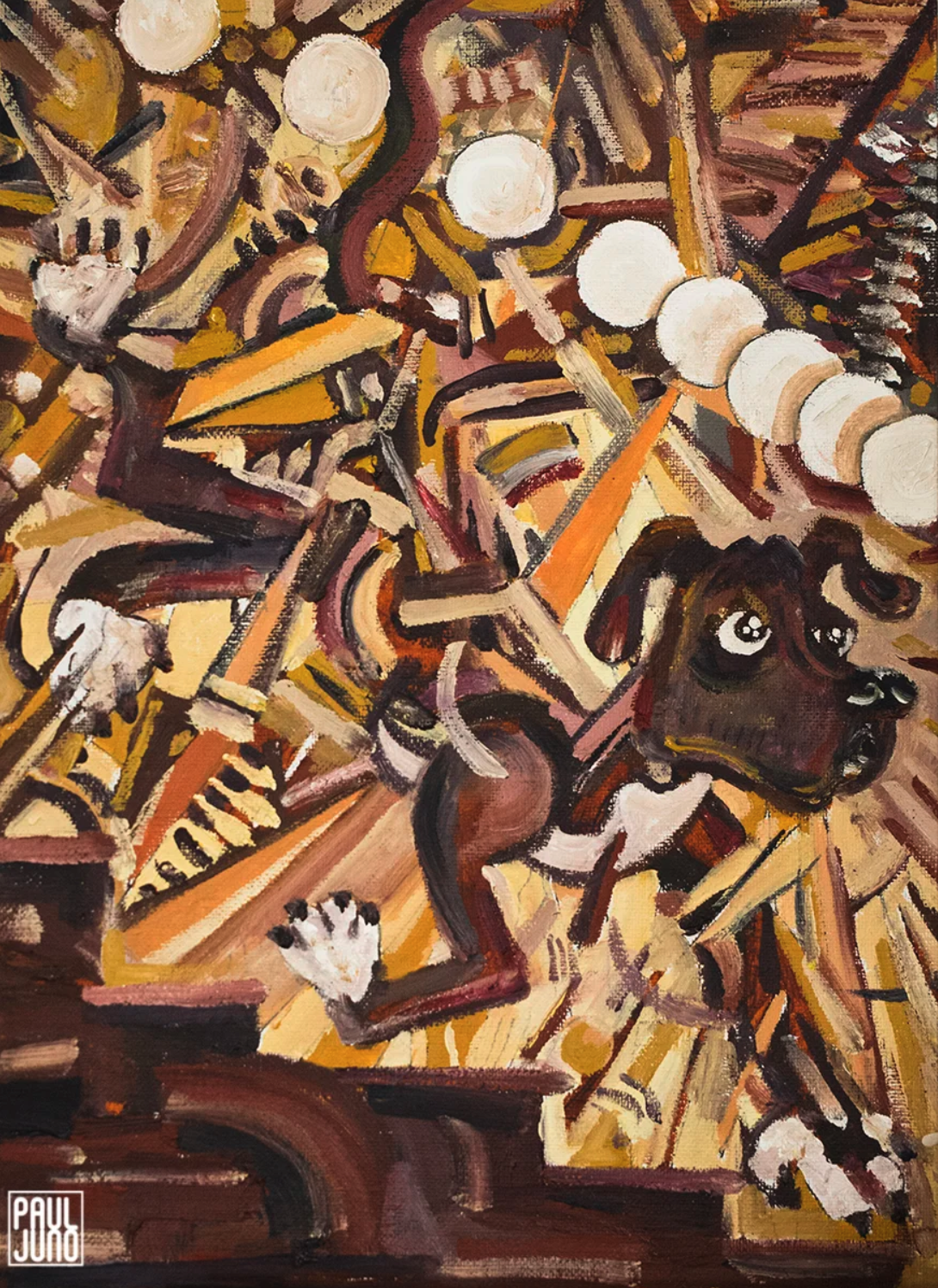 Picasso the Dog Chasing A Ball Down The Stairs |
10×13” Acrylic Painting on canvas board, 2016 |