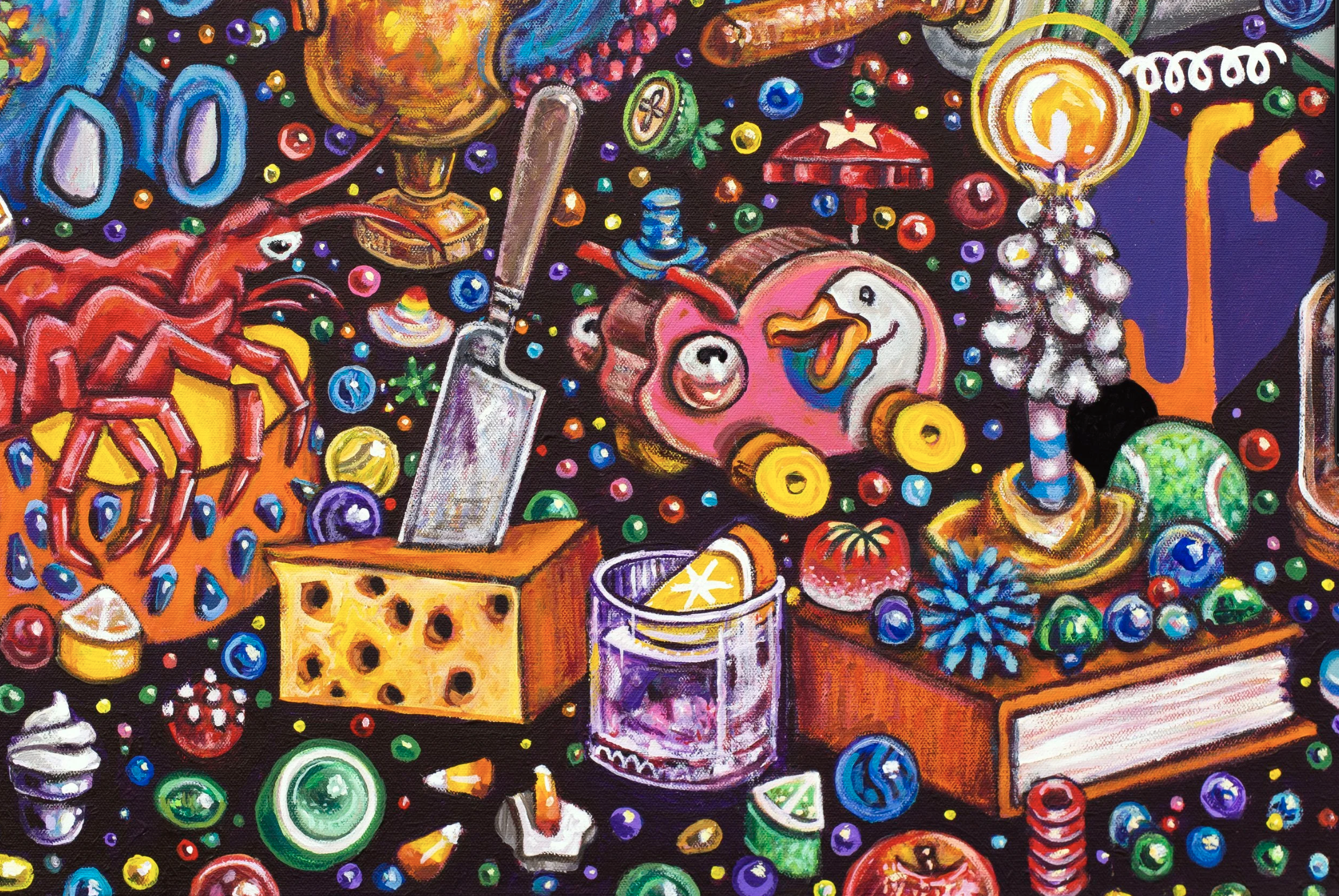 A Lobster Cake, A Peeled Lemon, A Bundle of Yarn, A Knife Stabbed Through Cheese and Claude Monet's 1872 Painting Regatta At Argenteuil
| 24×30” Acrylic Painting on canvas, 2024 |