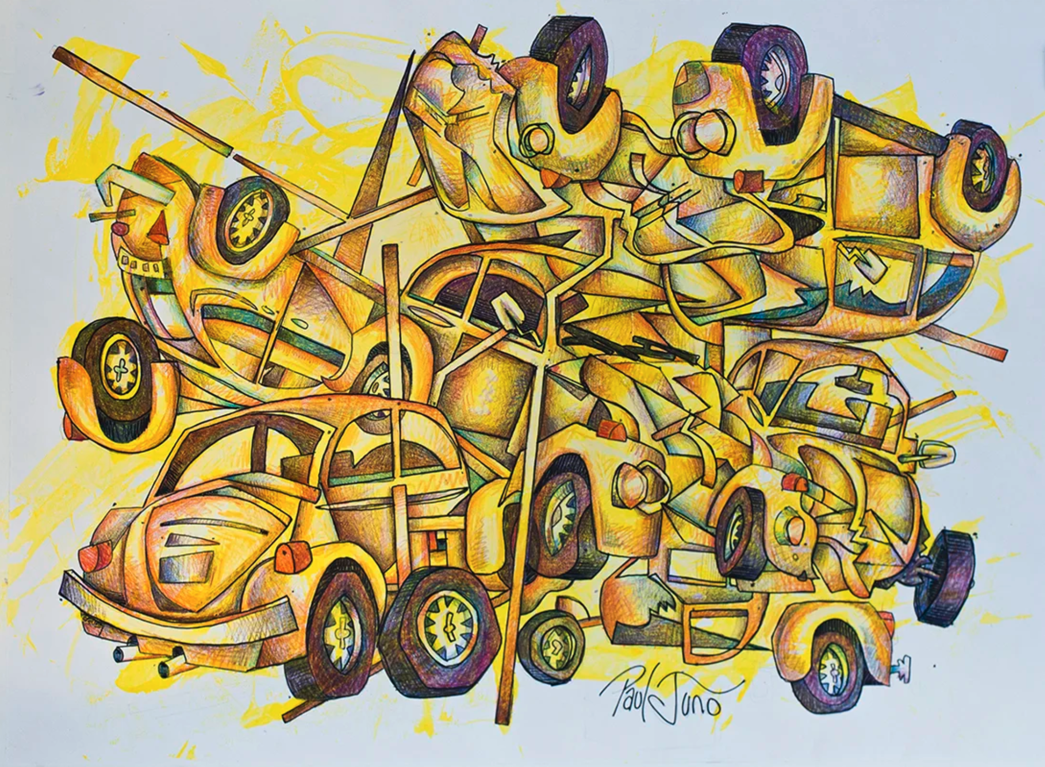 Krash, Yellow Car Pile Up |
18×24” watercolor and ink on paper, 2016 |