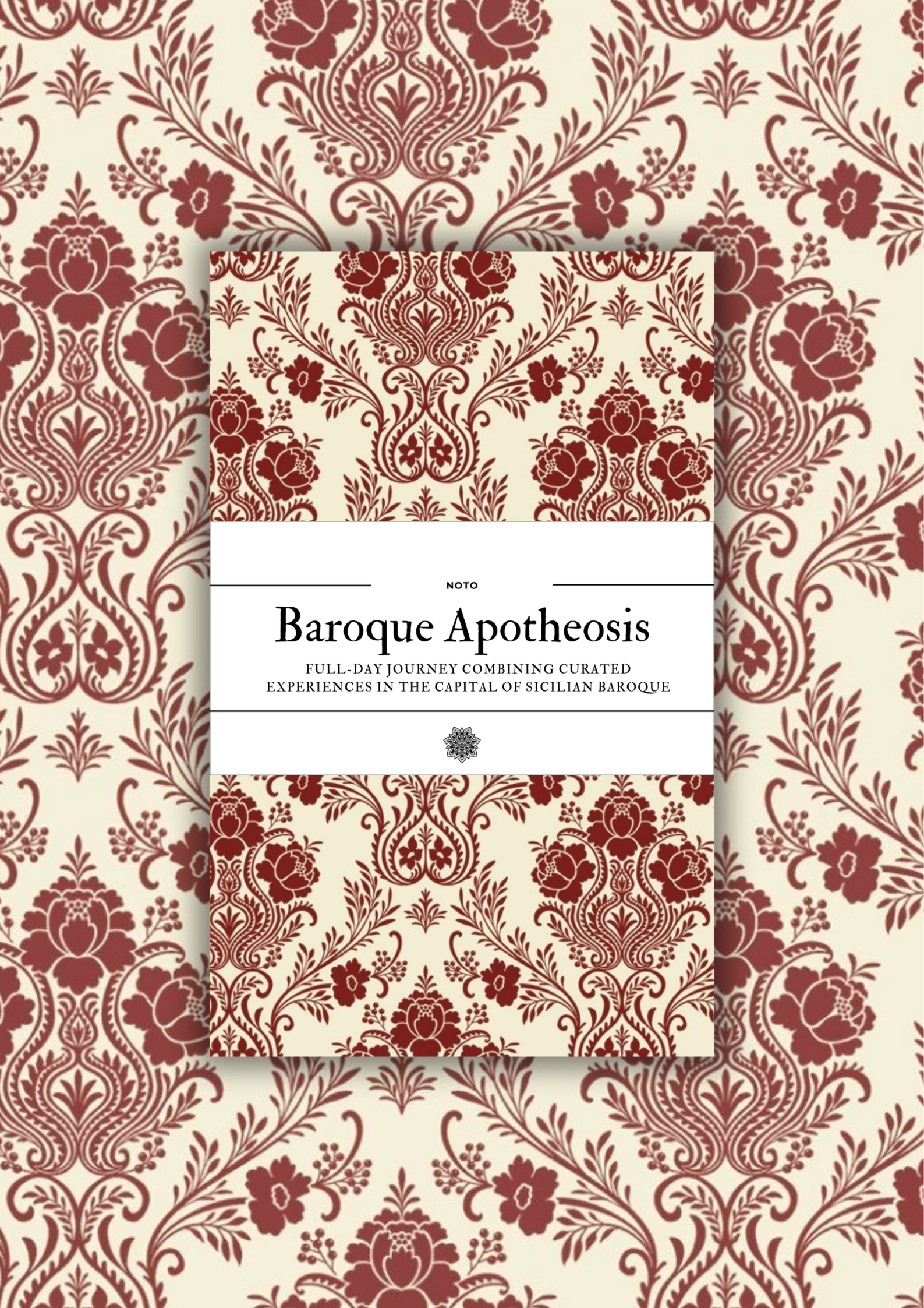 Copertina di un libro intitolato "Baroque Apotheosis" con un motivo decorativo barocco marrone su sfondo beige.