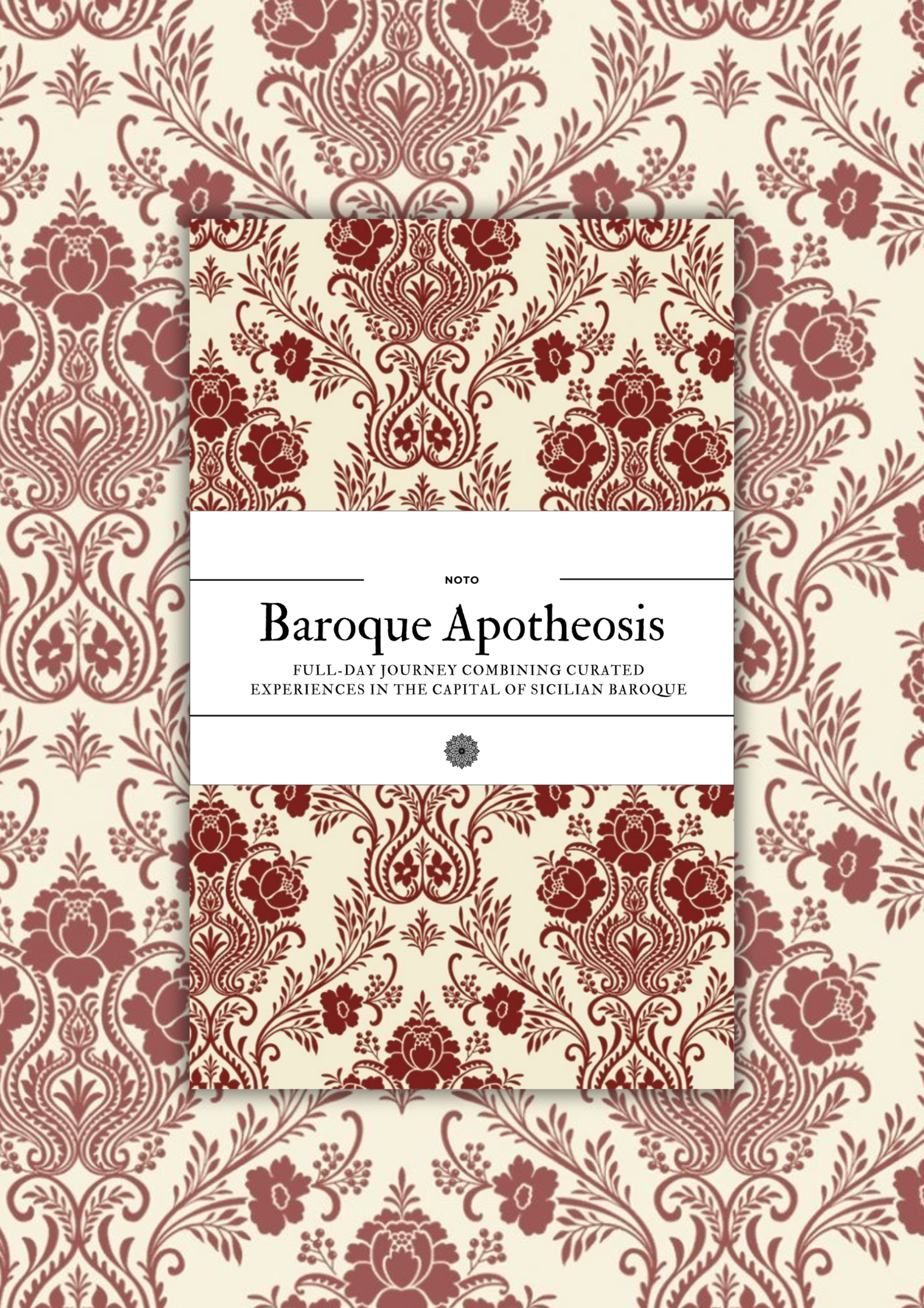 Copertina di un libro intitolato "Baroque Apotheosis" con un motivo decorativo barocco marrone su sfondo beige.