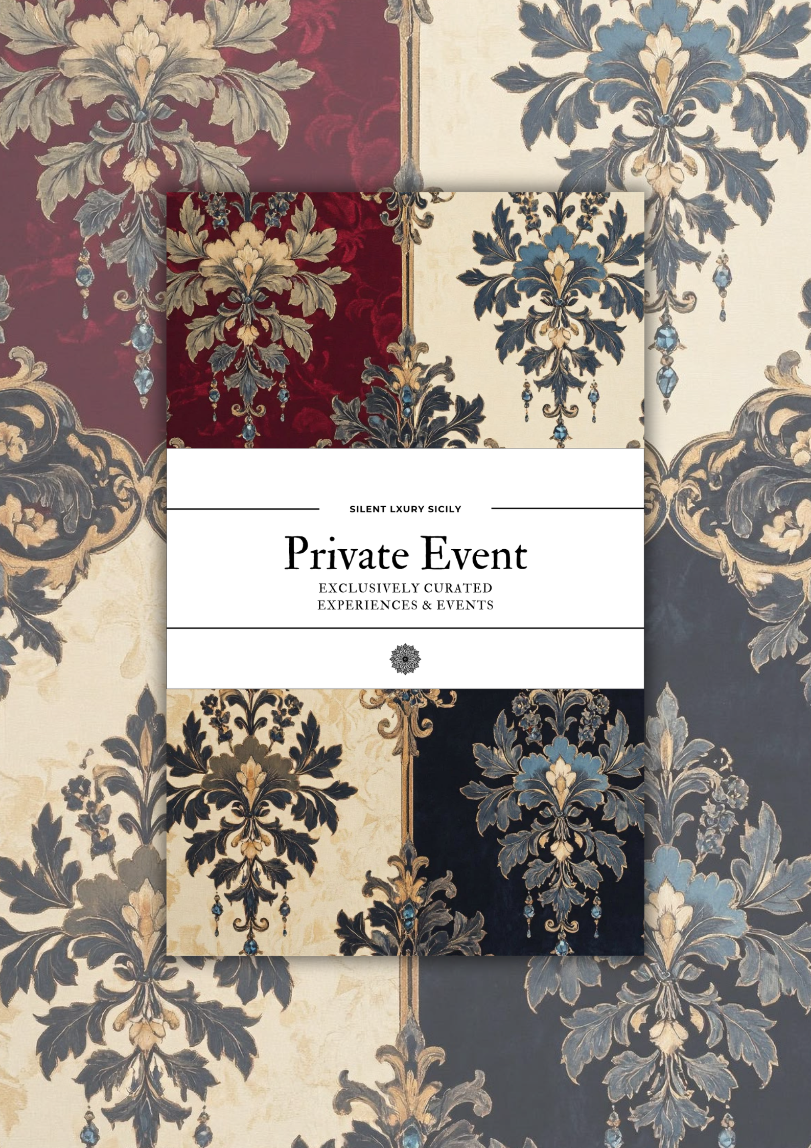 Invito a evento privato con sfondo decorativo di motivi floreali in colori beige, blu, rosso e nero, con testo centrale su sfondo bianco.