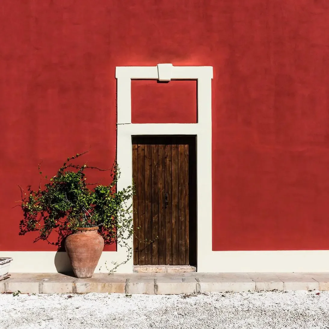 Porta in legno su parete rossa con cornice bianca, vaso con piante verdi a sinistra, pavimentazione in pietra.