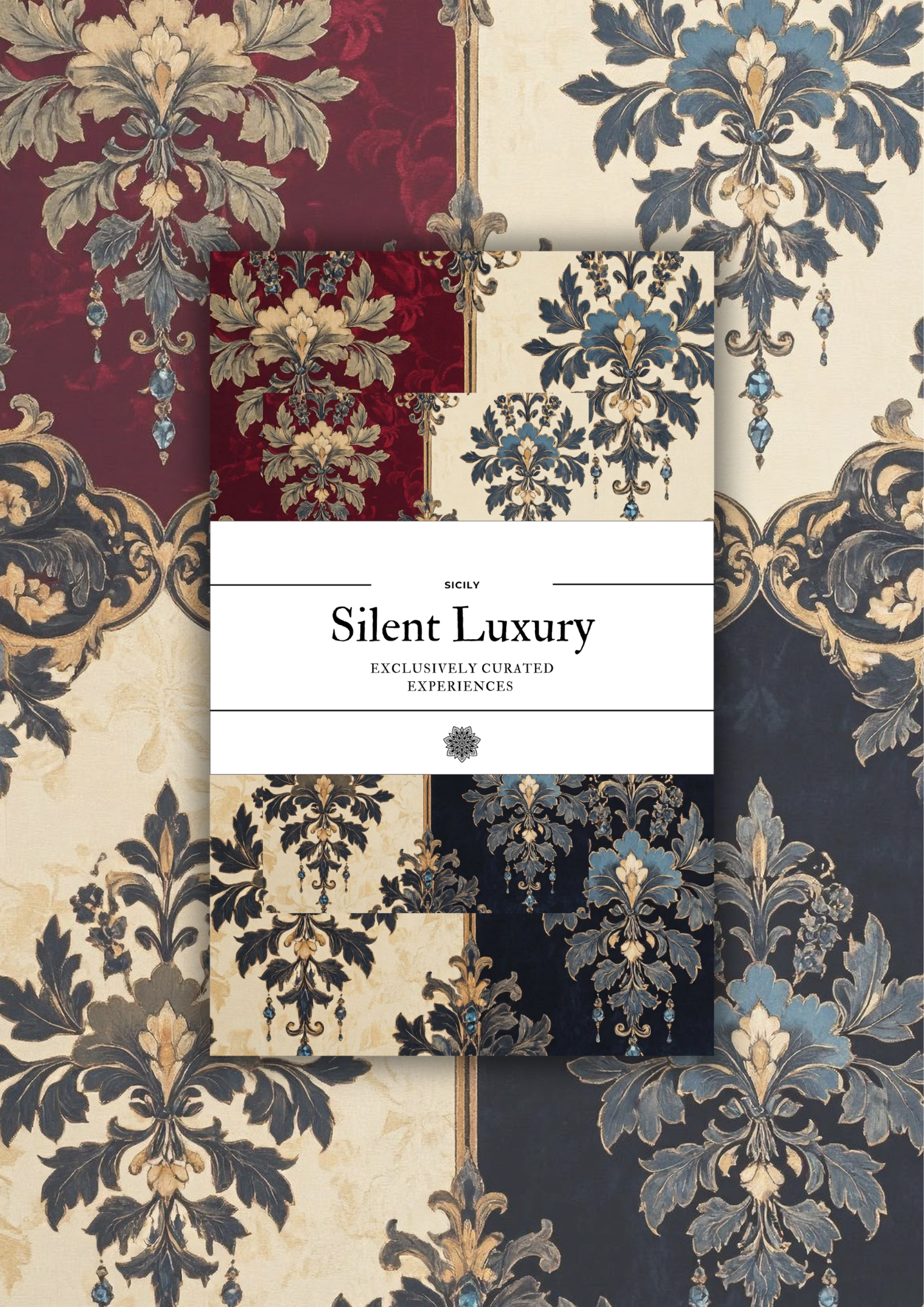 Invito a evento privato con sfondo decorativo di motivi floreali in colori beige, blu, rosso e nero, con testo centrale su sfondo bianco.