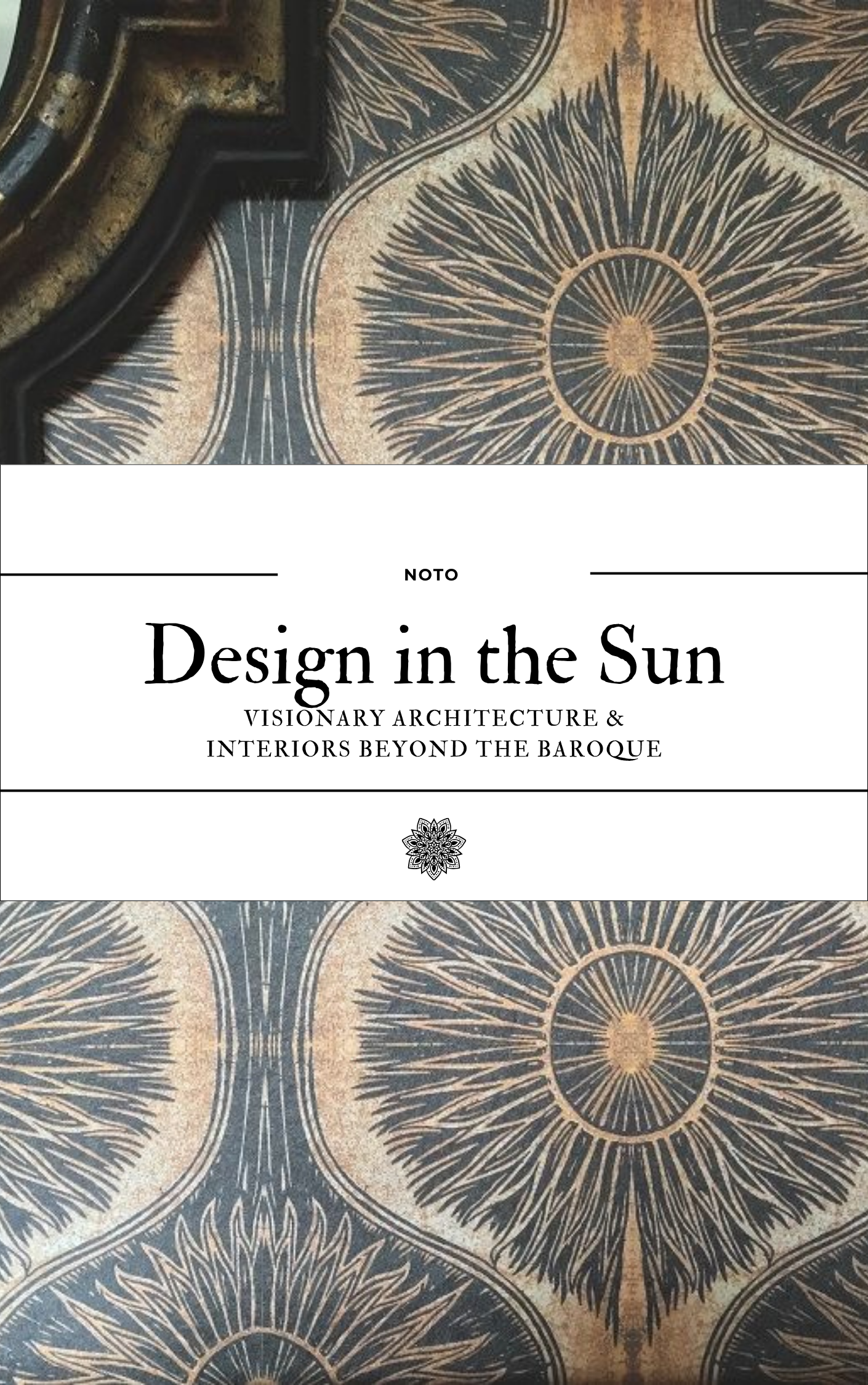 Copertina di un libro intitolato 'Design in the Sun' con un motivo decorativo a fan stilizzato in colori neutri sullo sfondo