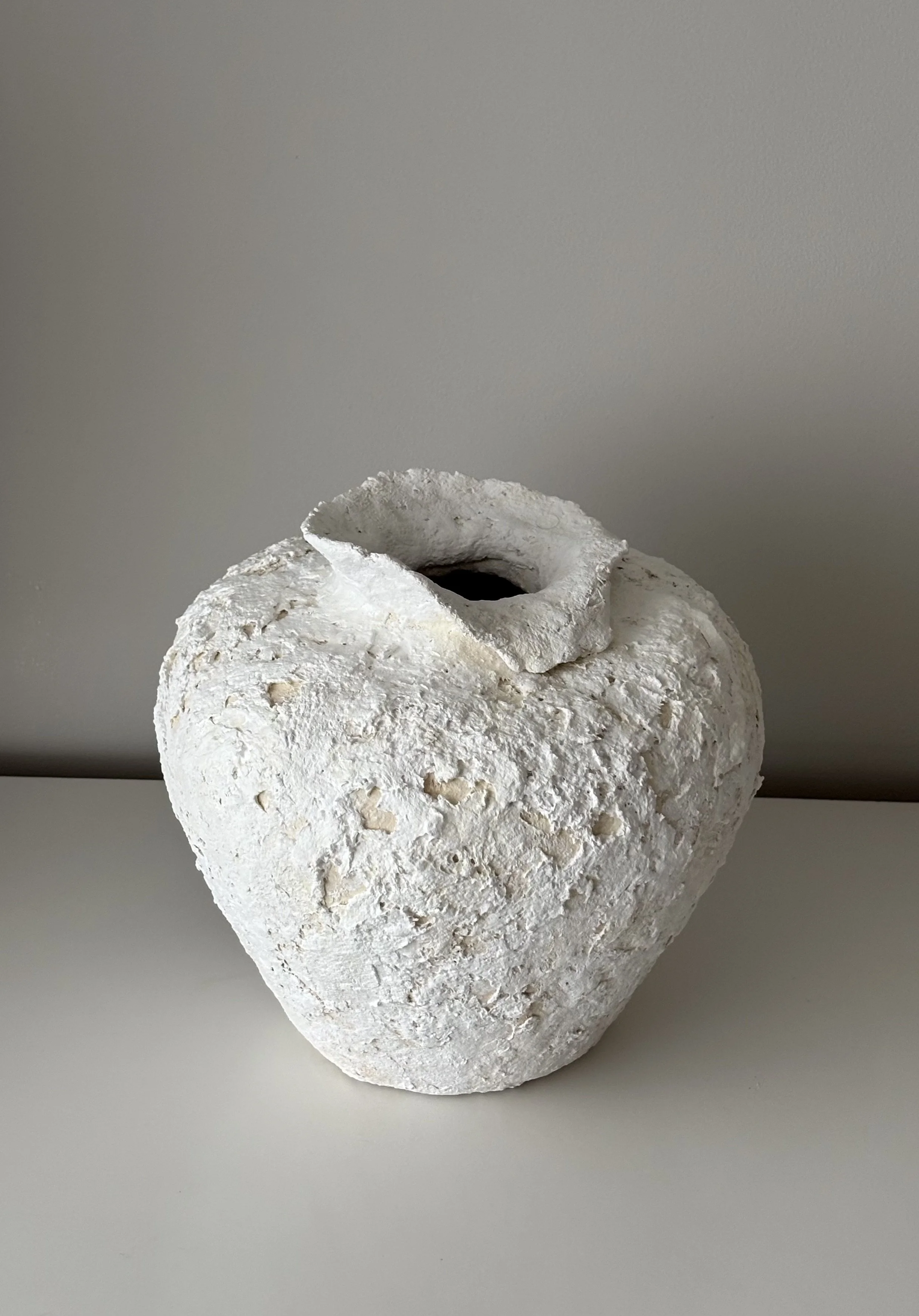 Close-up detail of Wabi Sabi Neutral Tones Vessel N.2 surface texture, showing sculptural paper clay imperfections and Wabi-Sabi character