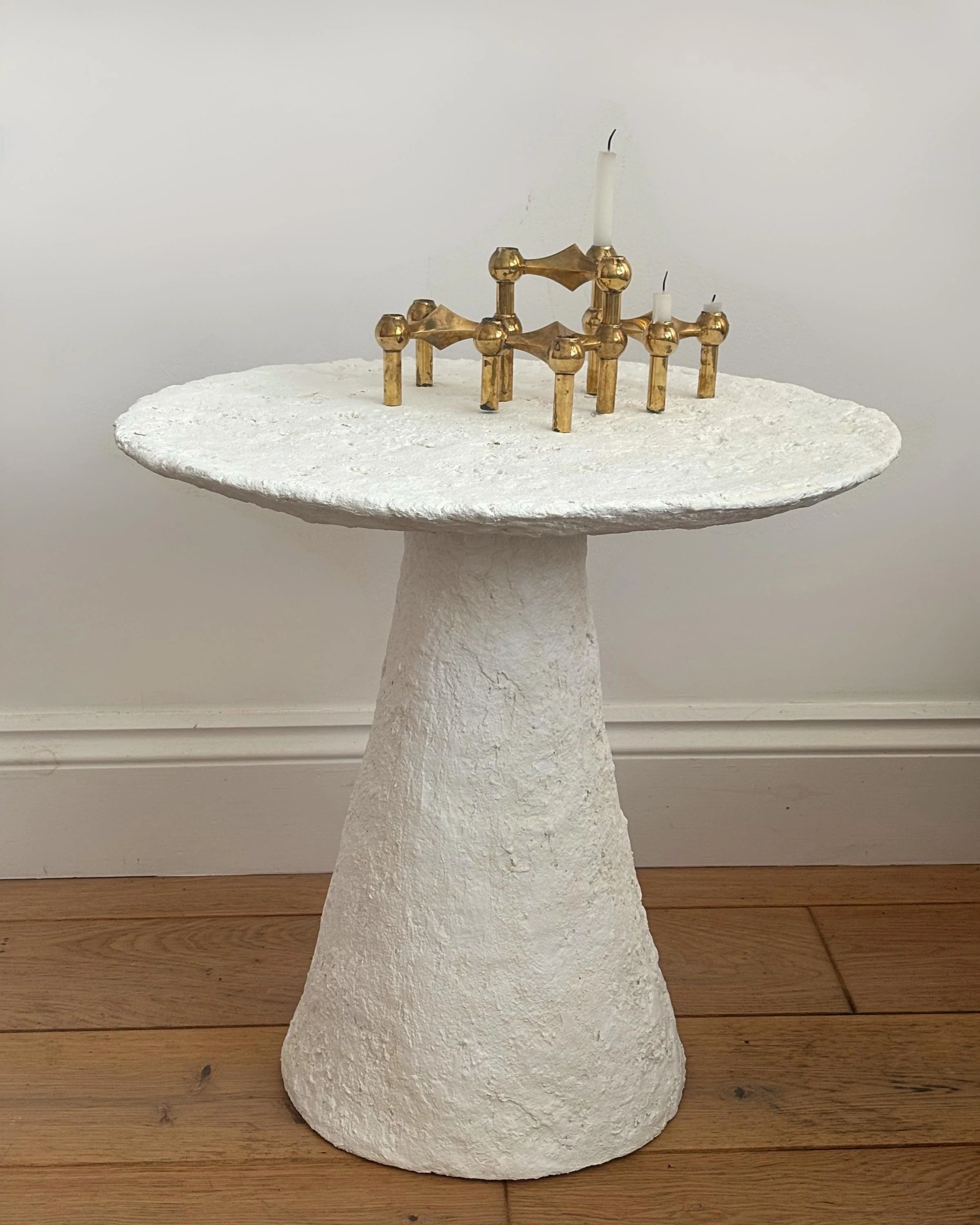 Side Table N.30, handmade white paper clay side table, disc top on a cone base, another angle. Papier Atelier London