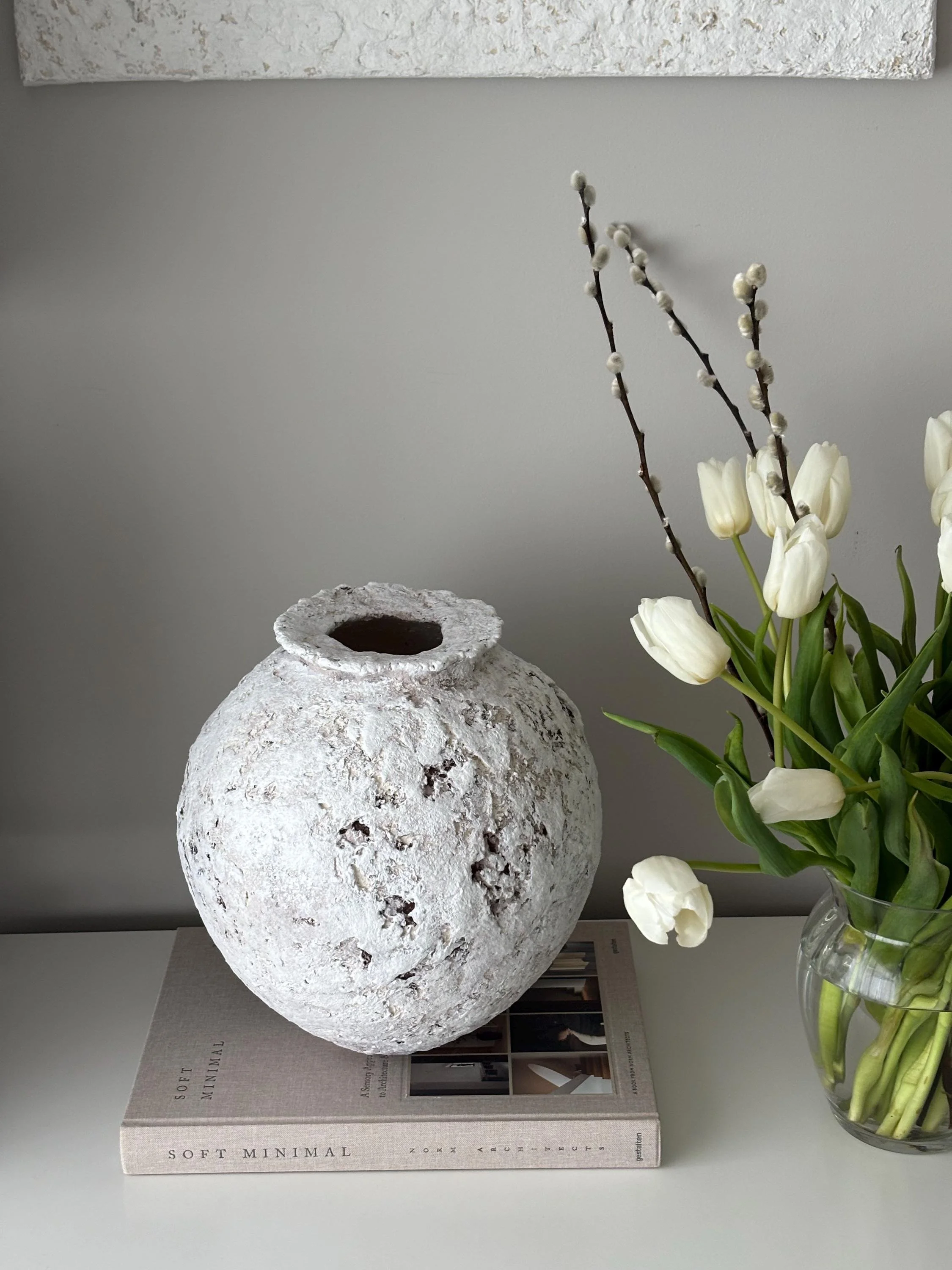 Oval Vessel N.26, handmade white paper clay vessel, aged textured surface, detail. Papier Atelier London