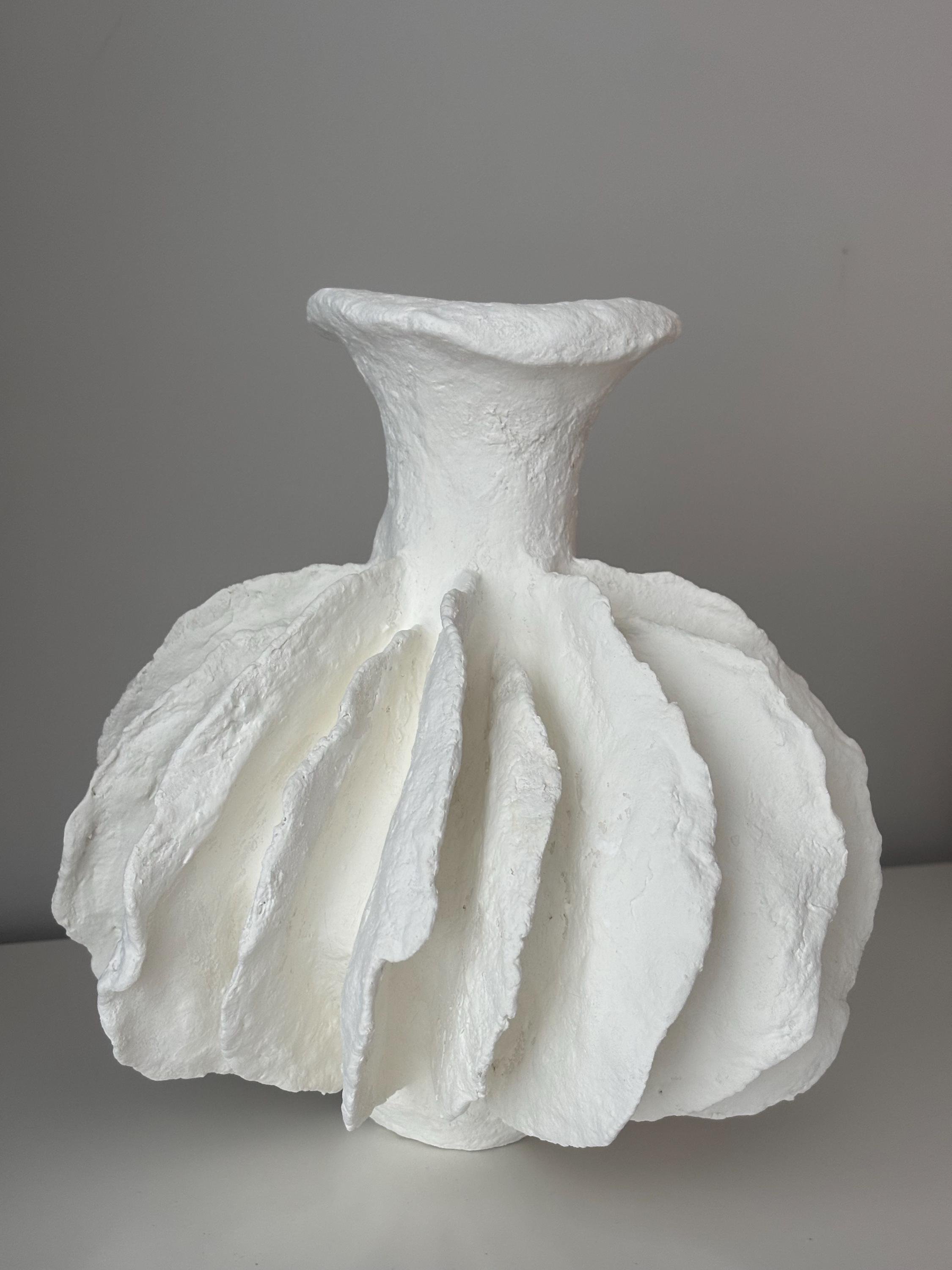 Pleated Vase N.28, handmade white pleated paper clay vase, folded form, detail. Papier Atelier London