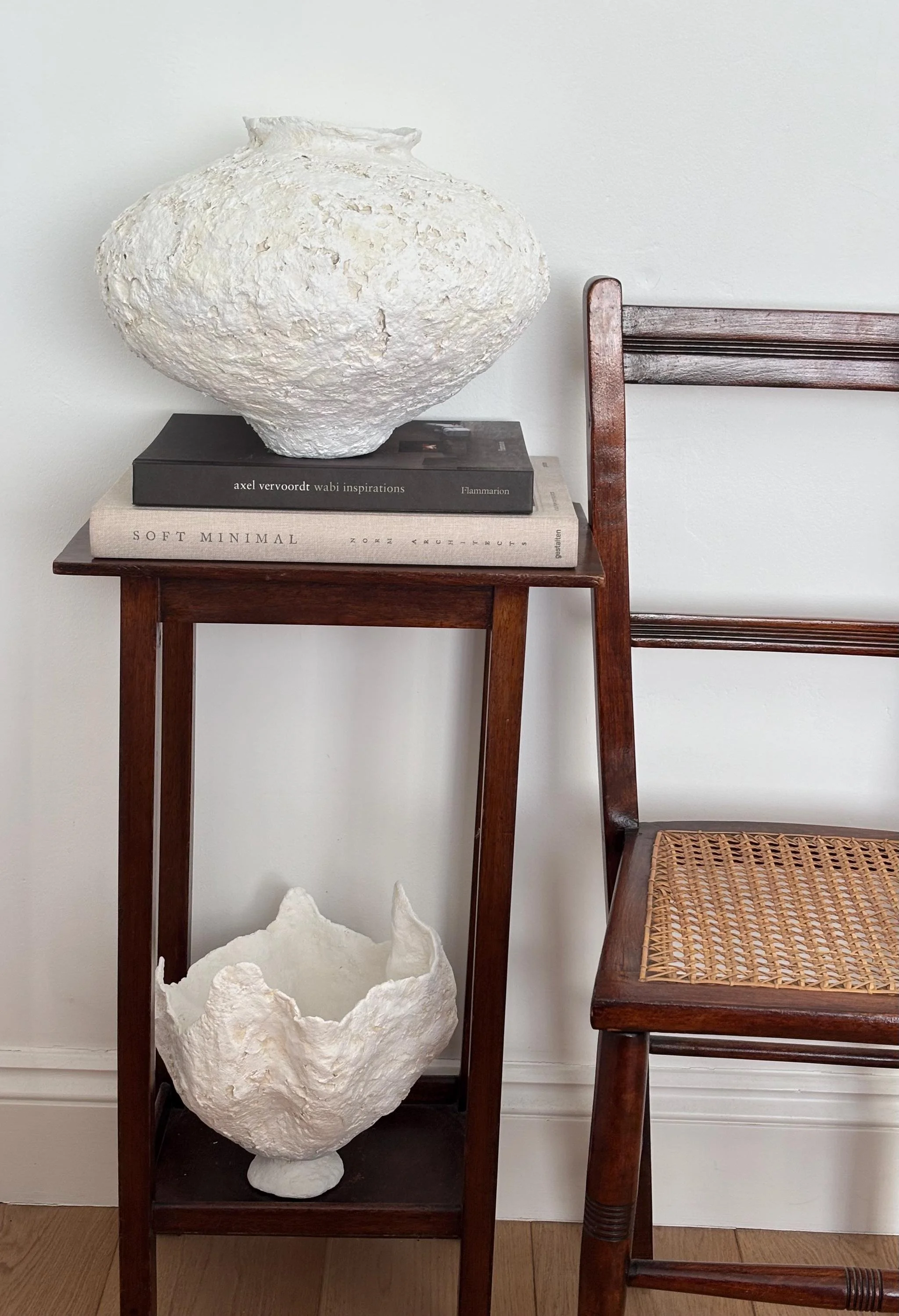 Petal Vase N.29, handmade white paper clay vase, wavy petal-like rim, detail. Papier Atelier London