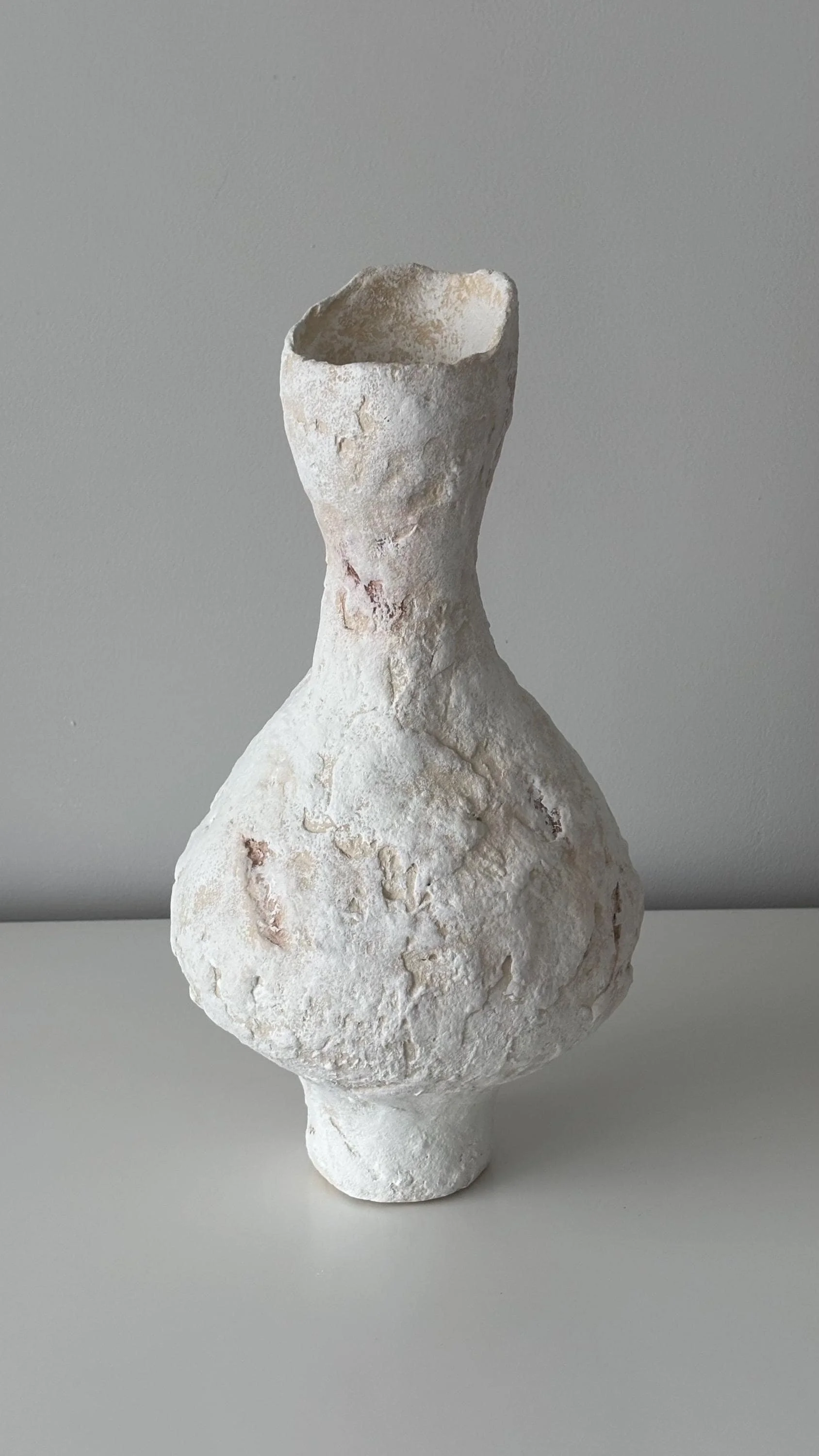 Tall Vase N.31, handmade tall paper clay vase, flared opening and relief, another angle. Papier Atelier London