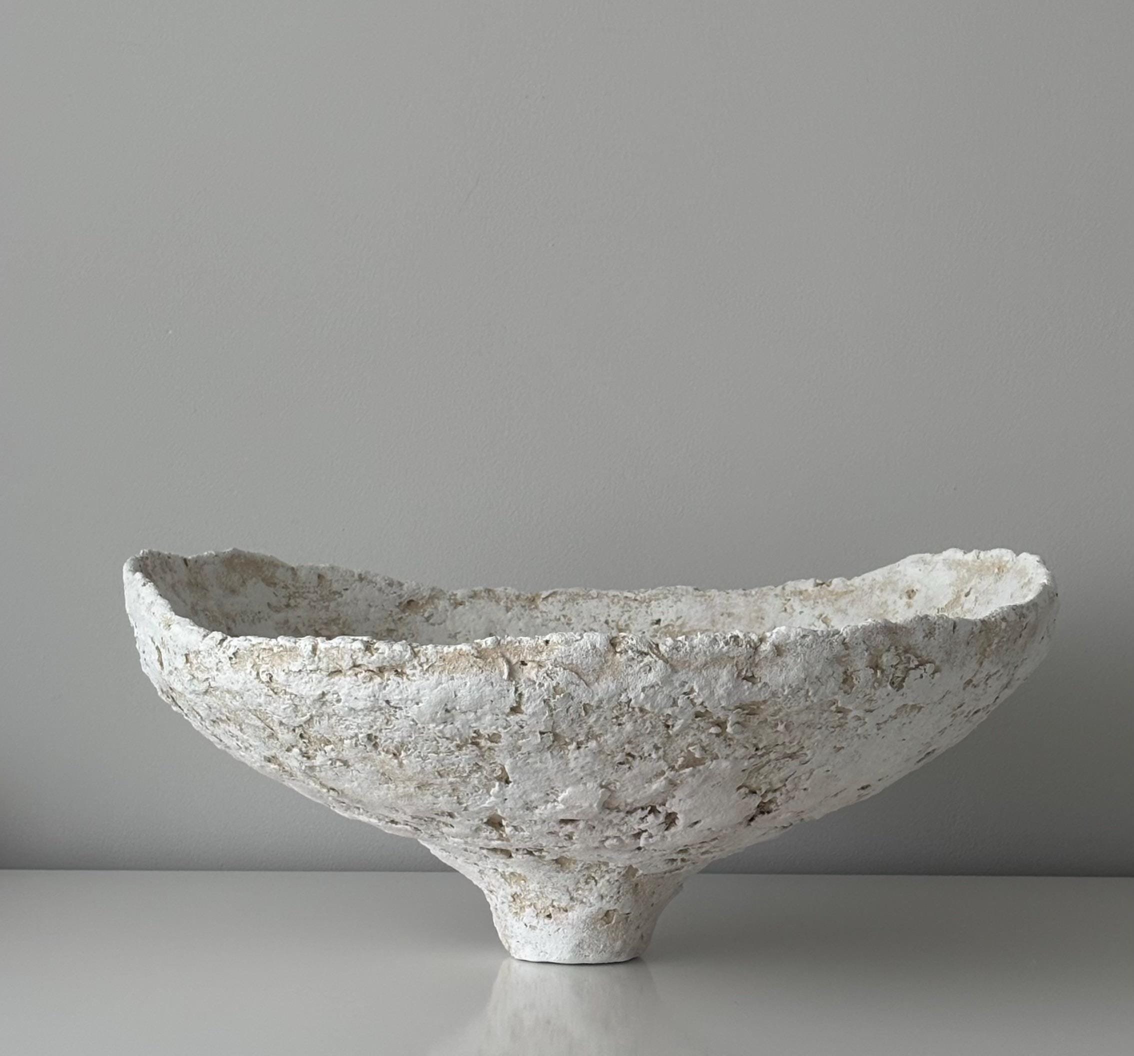 Wide Bowl N.32, handmade white paper clay bowl, on a narrow foot, front view. Papier Atelier London