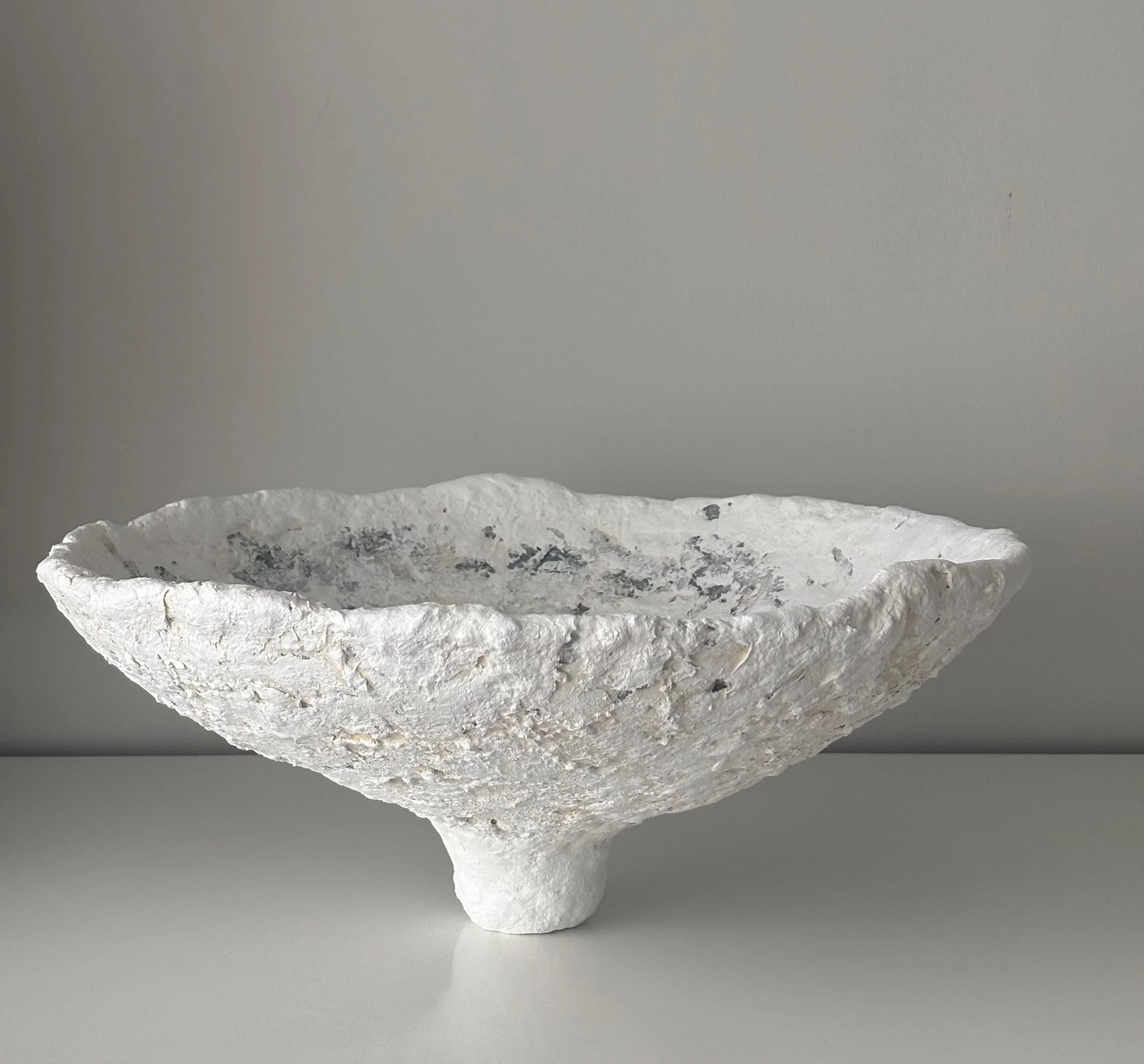 Large Bowl N.34, handmade large white paper clay bowl, on a slender foot, another angle. Papier Atelier London