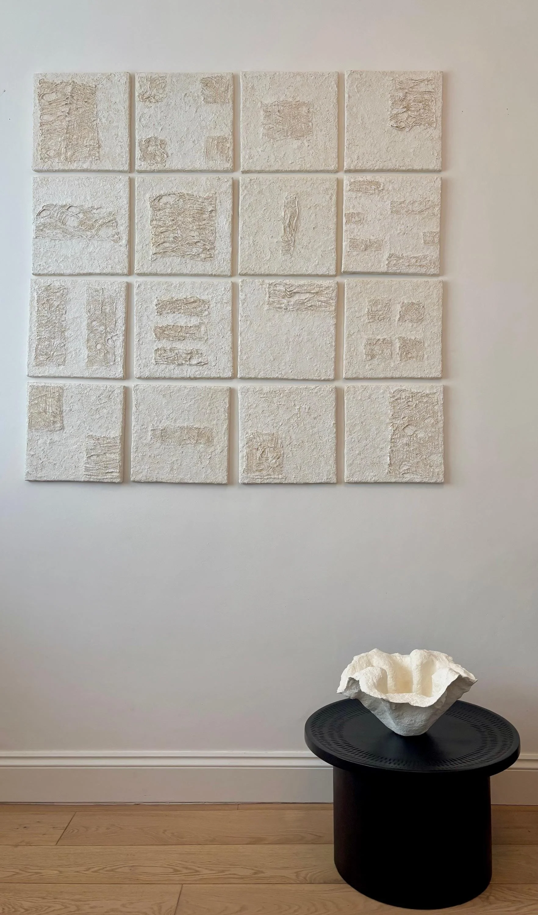 Wall Set N.35, handmade set of sixteen paper clay wall pieces, textured canvases, detail. Papier Atelier London