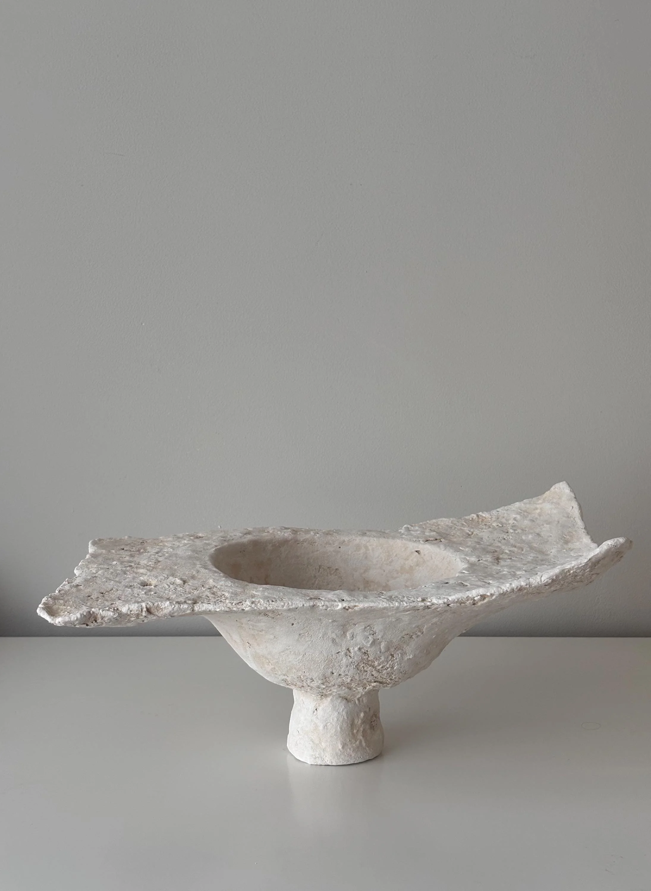 Rectangular Bowl N.36, handmade white rectangular paper clay bowl, lifted corners, front view. Papier Atelier London