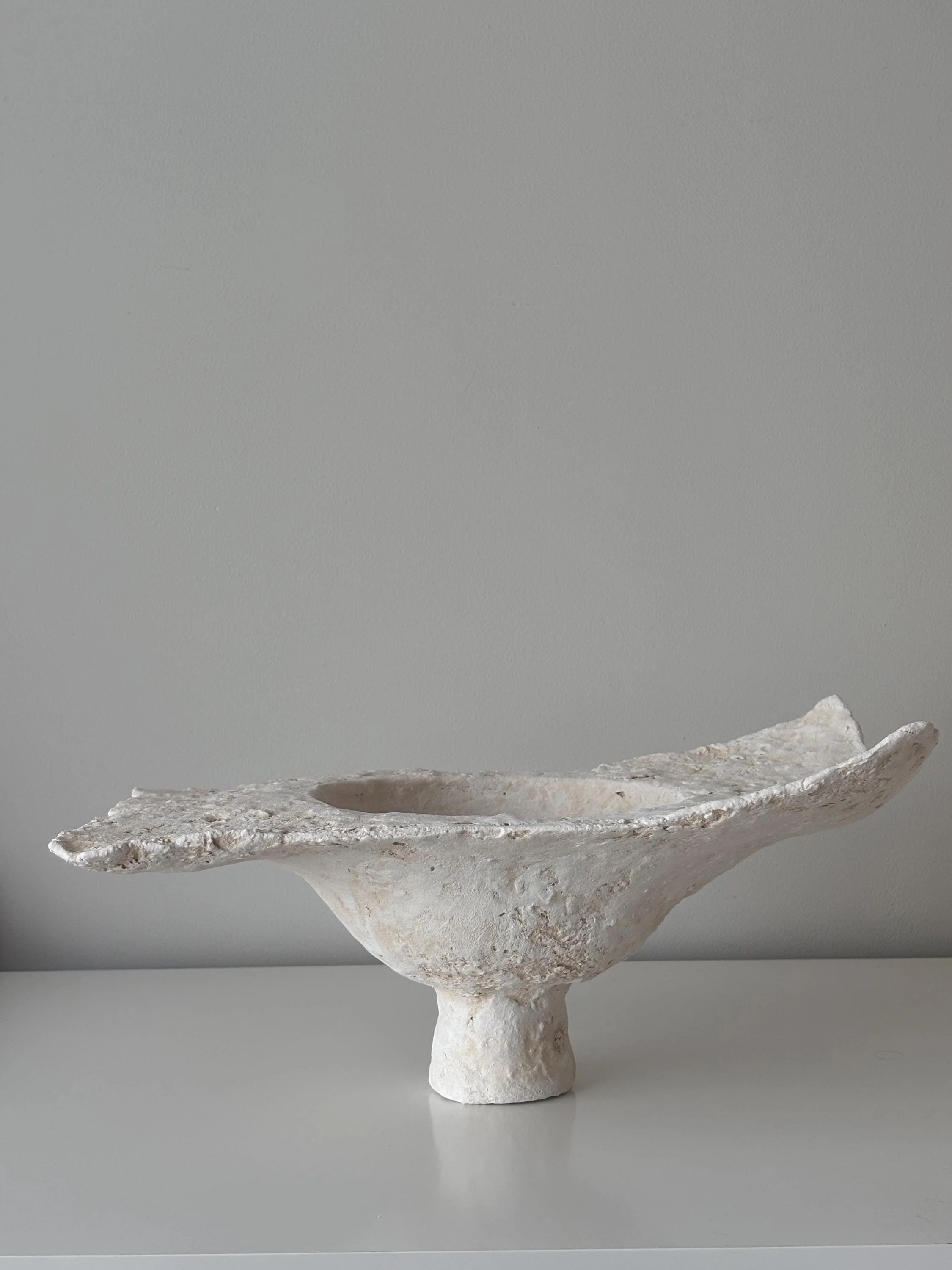 Rectangular Bowl N.36, handmade white rectangular paper clay bowl, lifted corners, another angle. Papier Atelier London