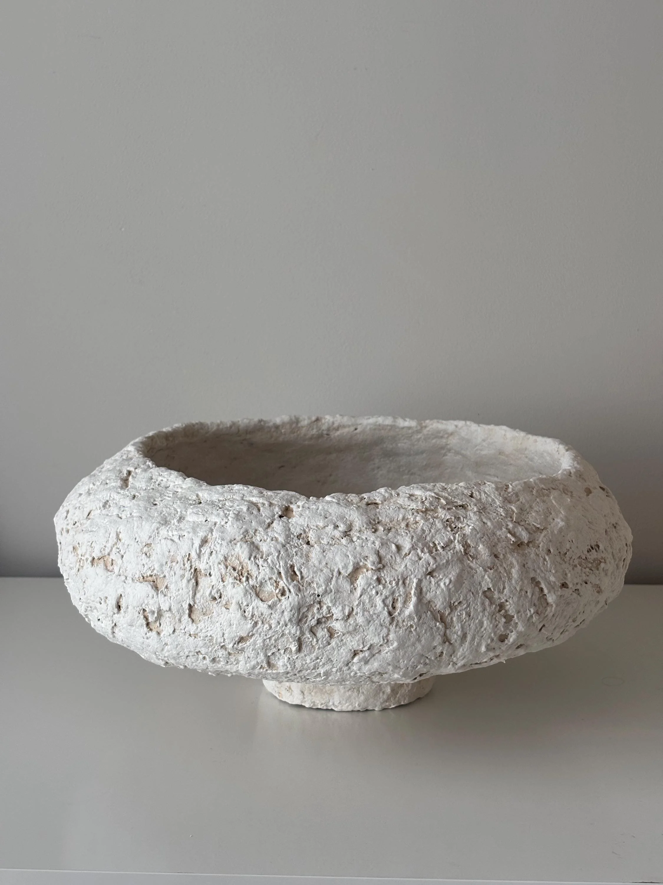 Textured Bowl N.37, handmade white paper clay bowl, heavily textured rim, another angle. Papier Atelier London