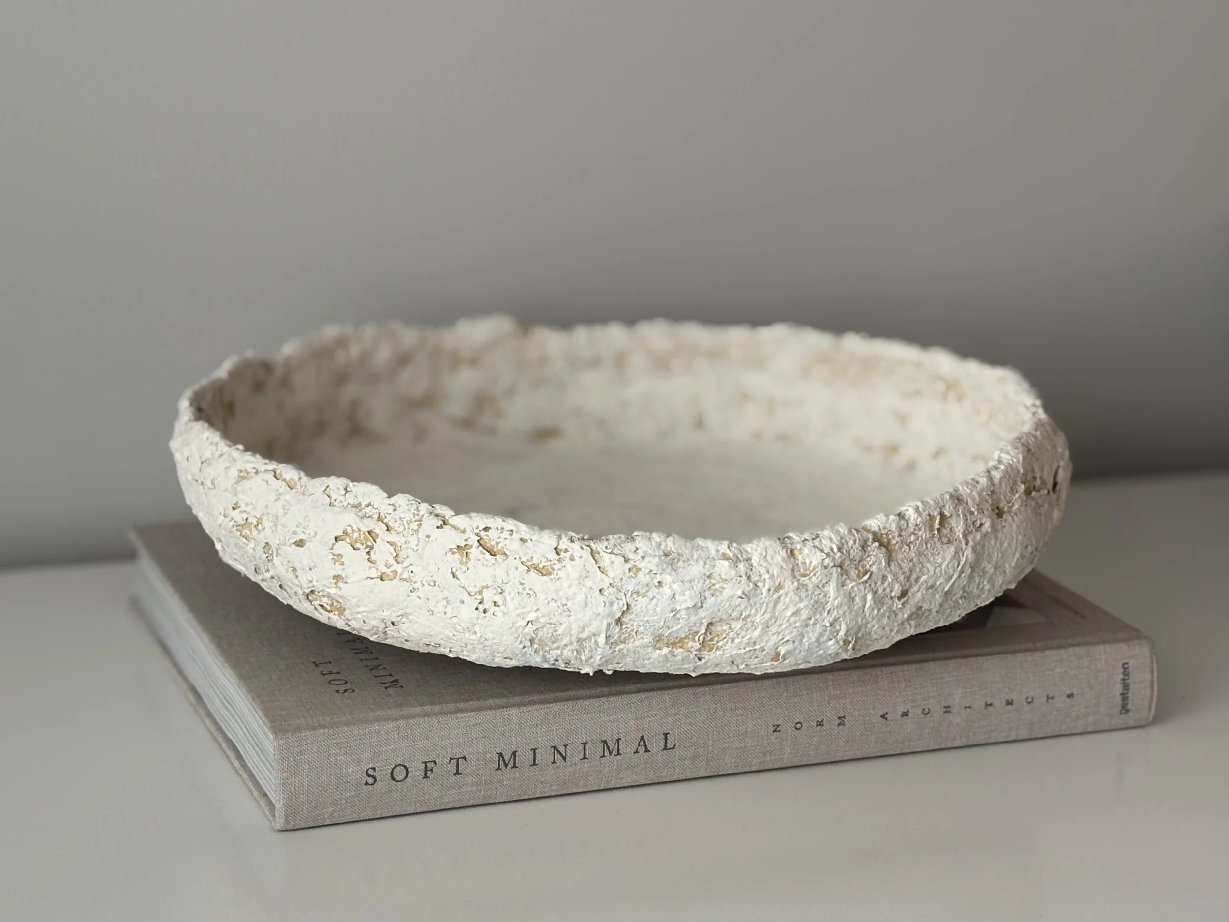 Layered Tray N.19 in off-white handcrafted paper clay, front view showing organic form and textured matte finish, handmade in London