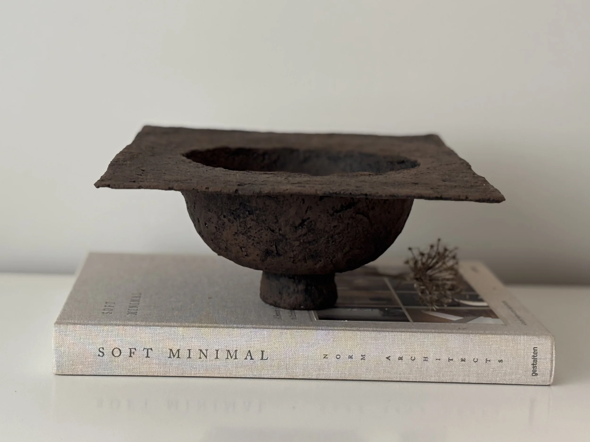 Close-up detail of Wabi Sabi Rectangular Bowl N.7 surface texture, showing textured paper clay imperfections and Wabi-Sabi character