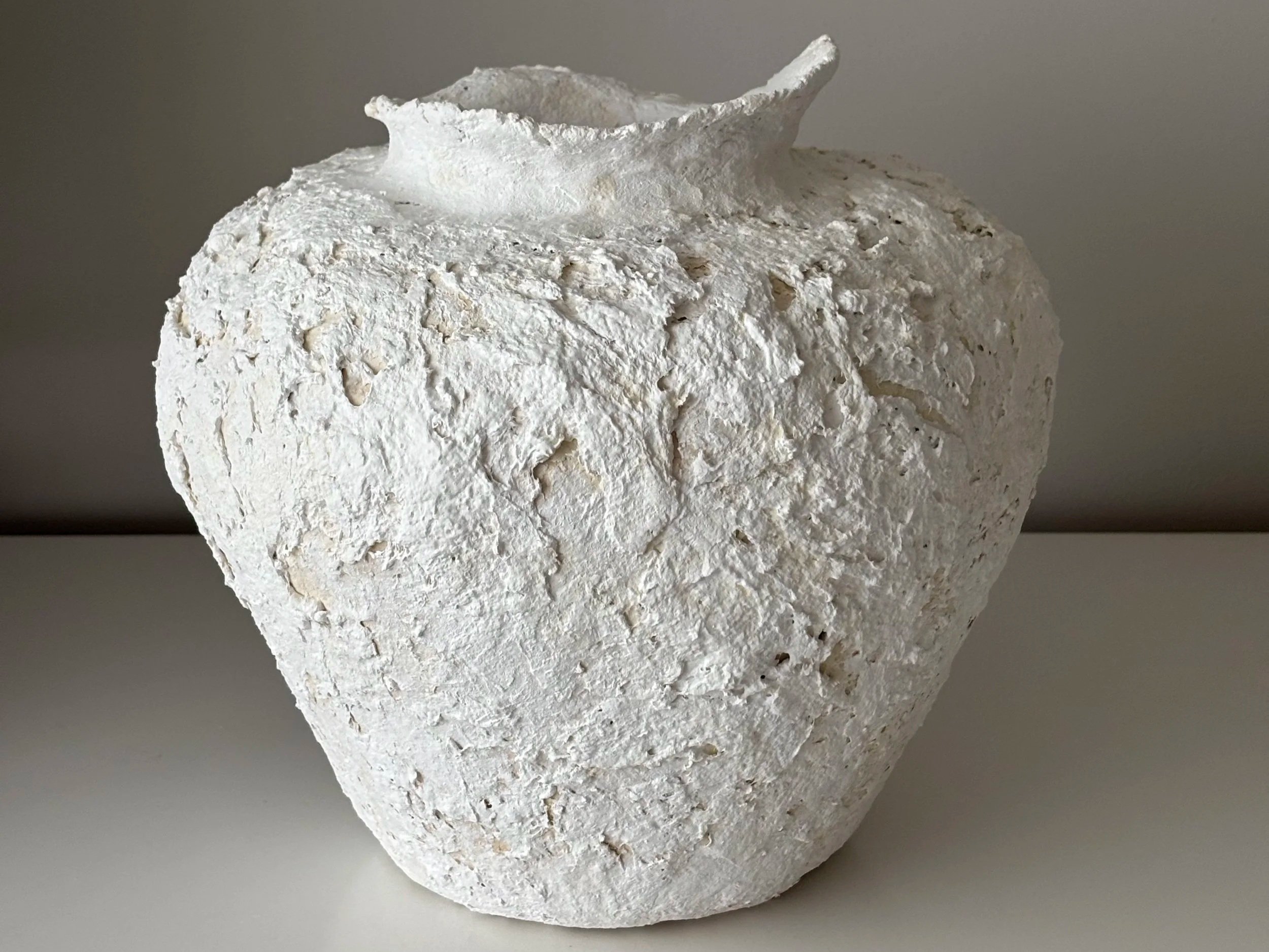 Wabi Sabi Neutral Tones Vessel N.2 in neutral tones handcrafted paper clay, front view showing organic form and textured matte finish, handmade in London