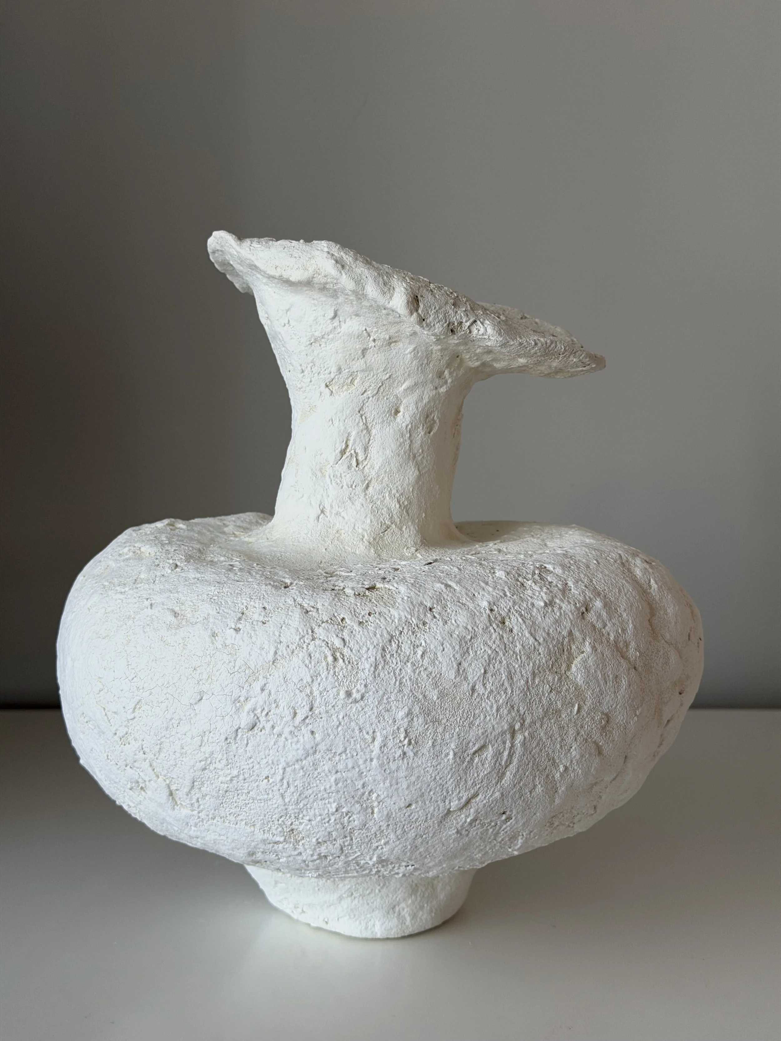 Asymmetric Vessel N.48 — Rear View White paper clay vessel from behind showing textured surface detail, handmade by Papier Atelier London
