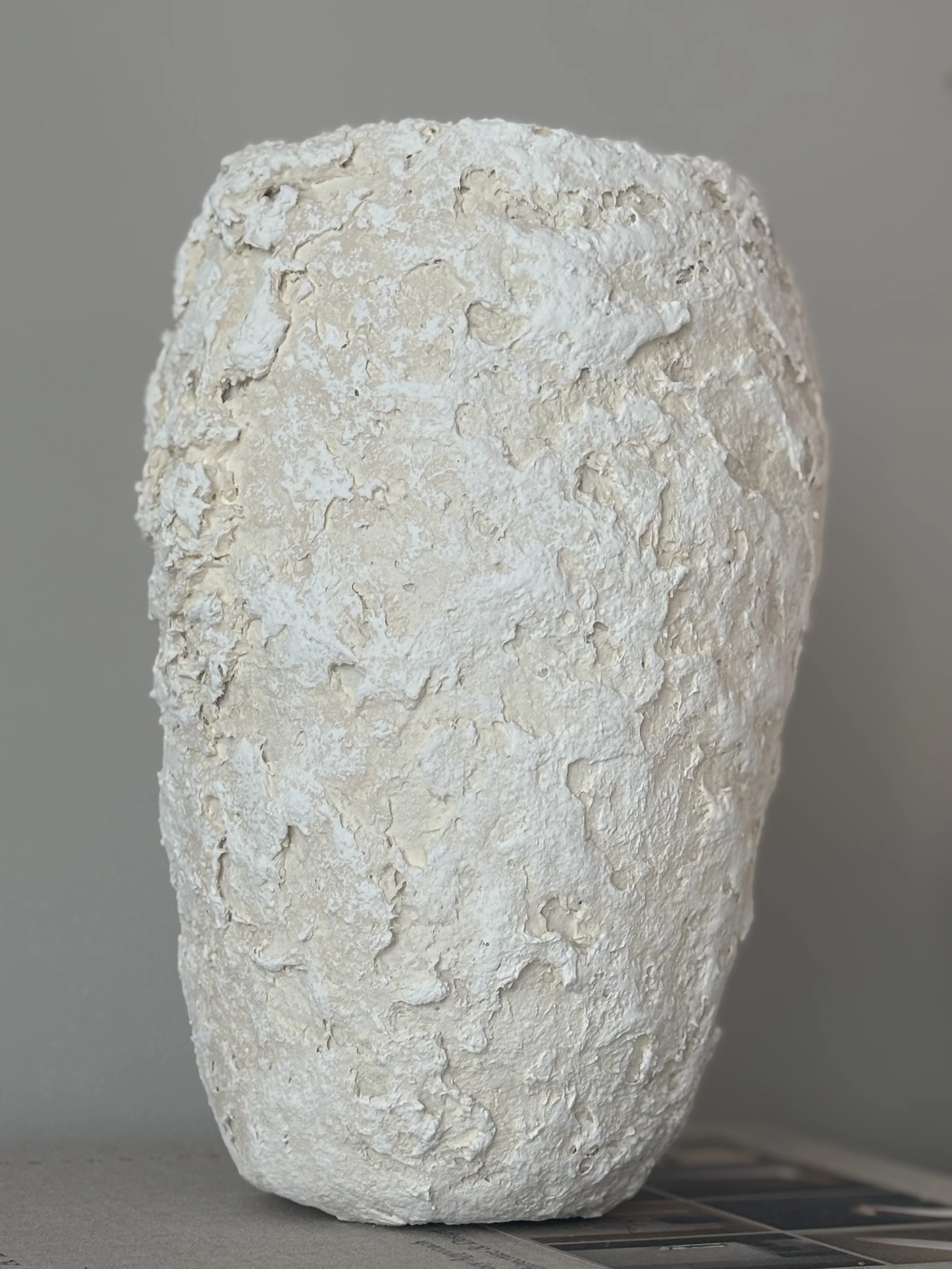 Close-up detail of Ecru And White Tones Textured Vase N.13 surface texture, showing sculptural paper clay imperfections and Wabi-Sabi character