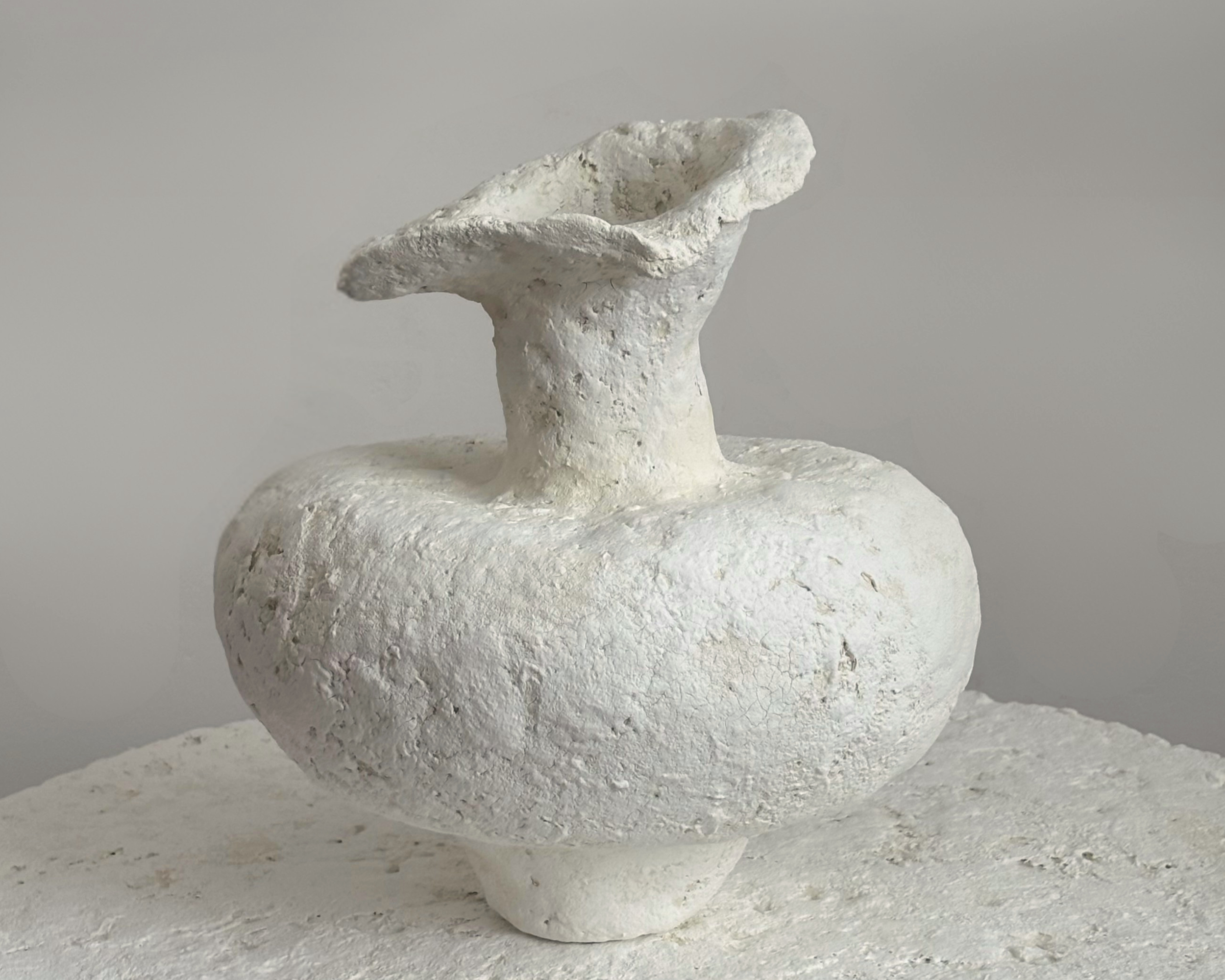 Asymmetric Vessel N.48 — Profile White paper clay vessel in profile showing asymmetric open lip, handmade by Papier Atelier London