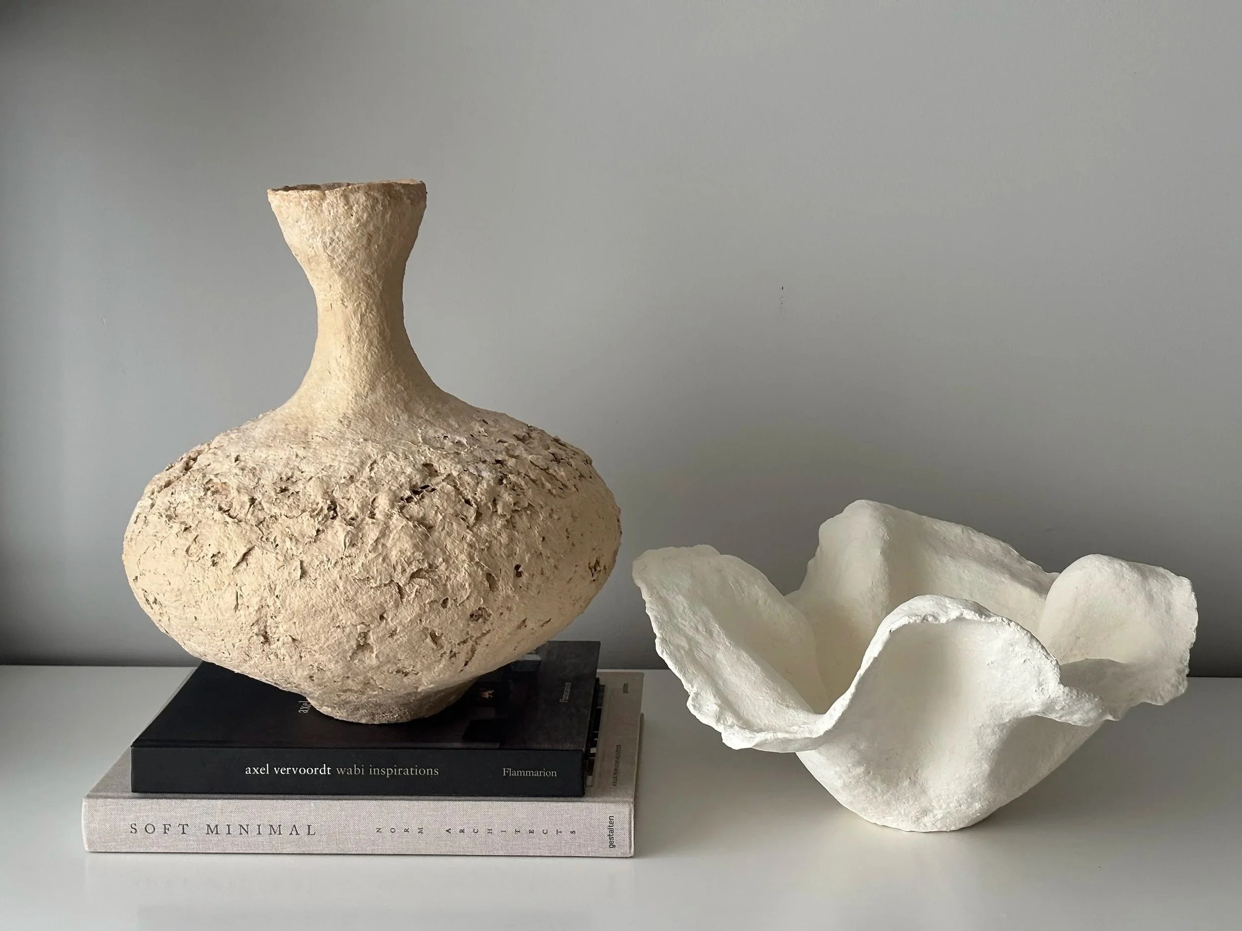 Close-up detail of Wabi Sabi Vase N.6 surface texture, showing handcrafted paper clay imperfections and Wabi-Sabi character, handmade in London