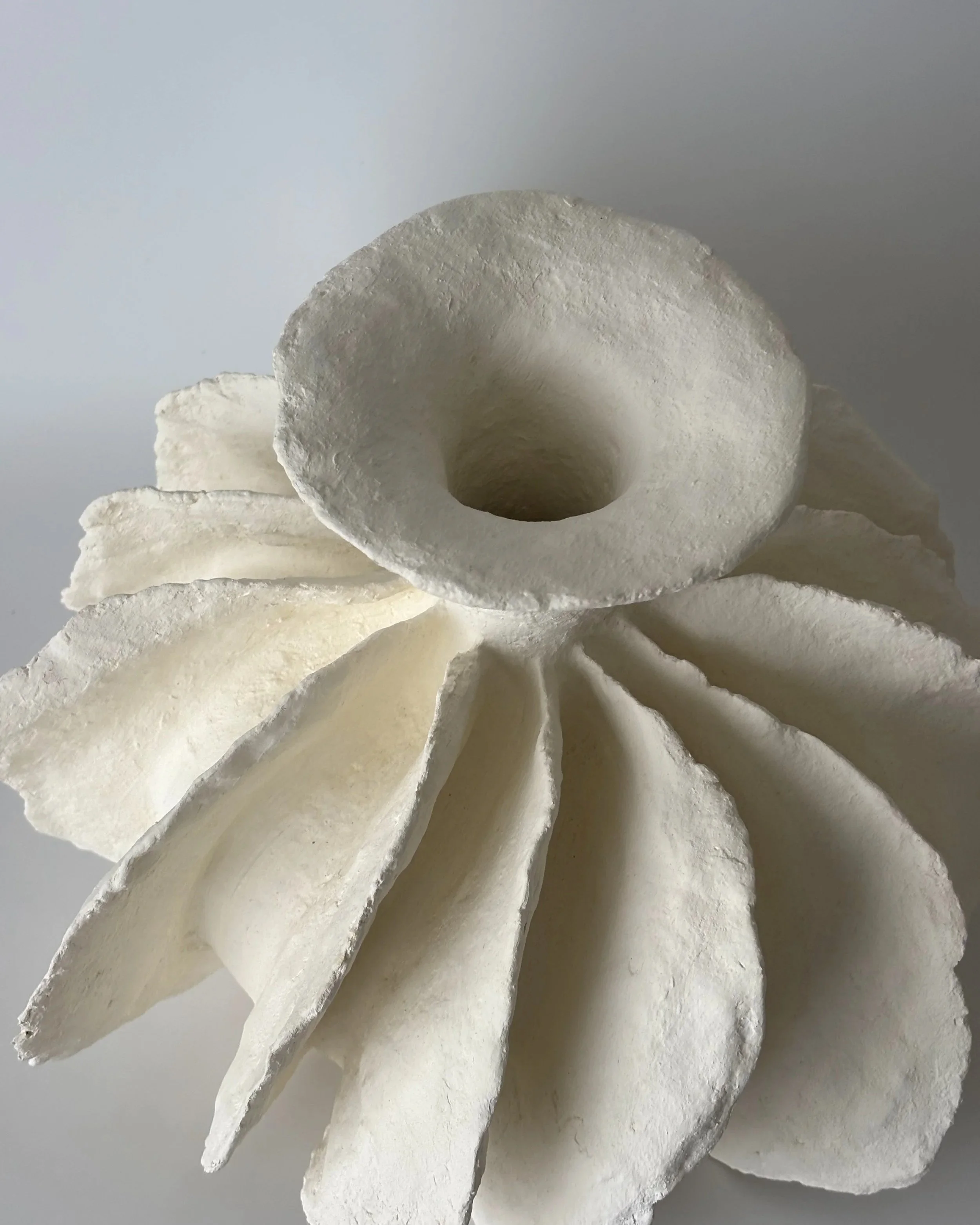 Pleated Vase N.12, handmade paper clay vase, view from above. Papier Atelier London