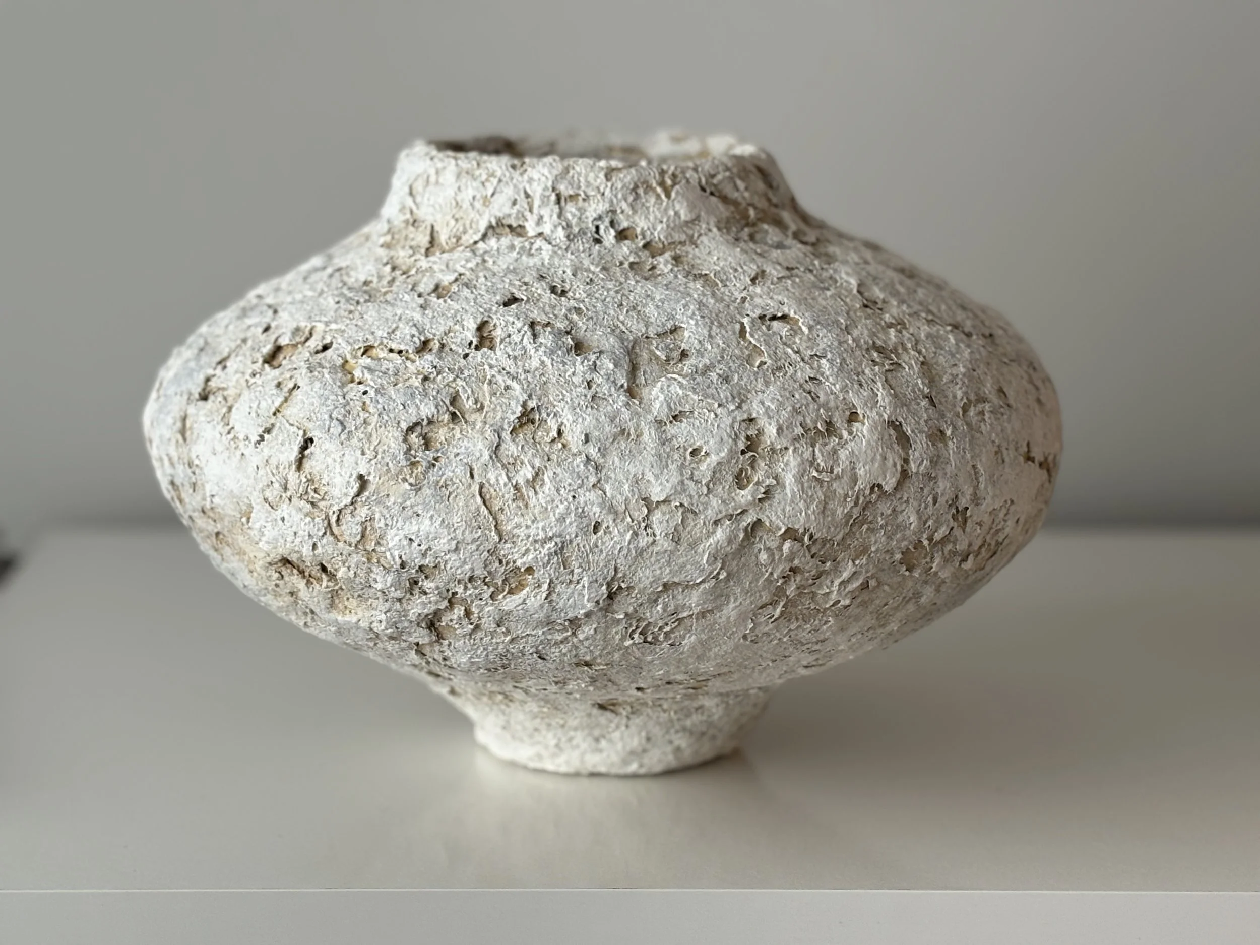 Close-up detail of Contemporary Textured Vessel N.75 surface texture, showing sculptural paper clay imperfections and Wabi-Sabi character