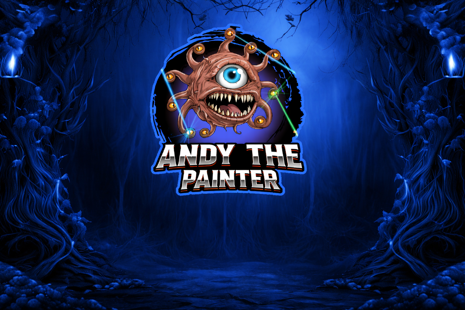 Logo for Andy the Painter featuring a cartoon monster with one eye, sharp teeth, multiple tentacle-like appendages, in front of a dark, spooky forest background with blue tones, and the text 'Andy the Painter' beneath it.
