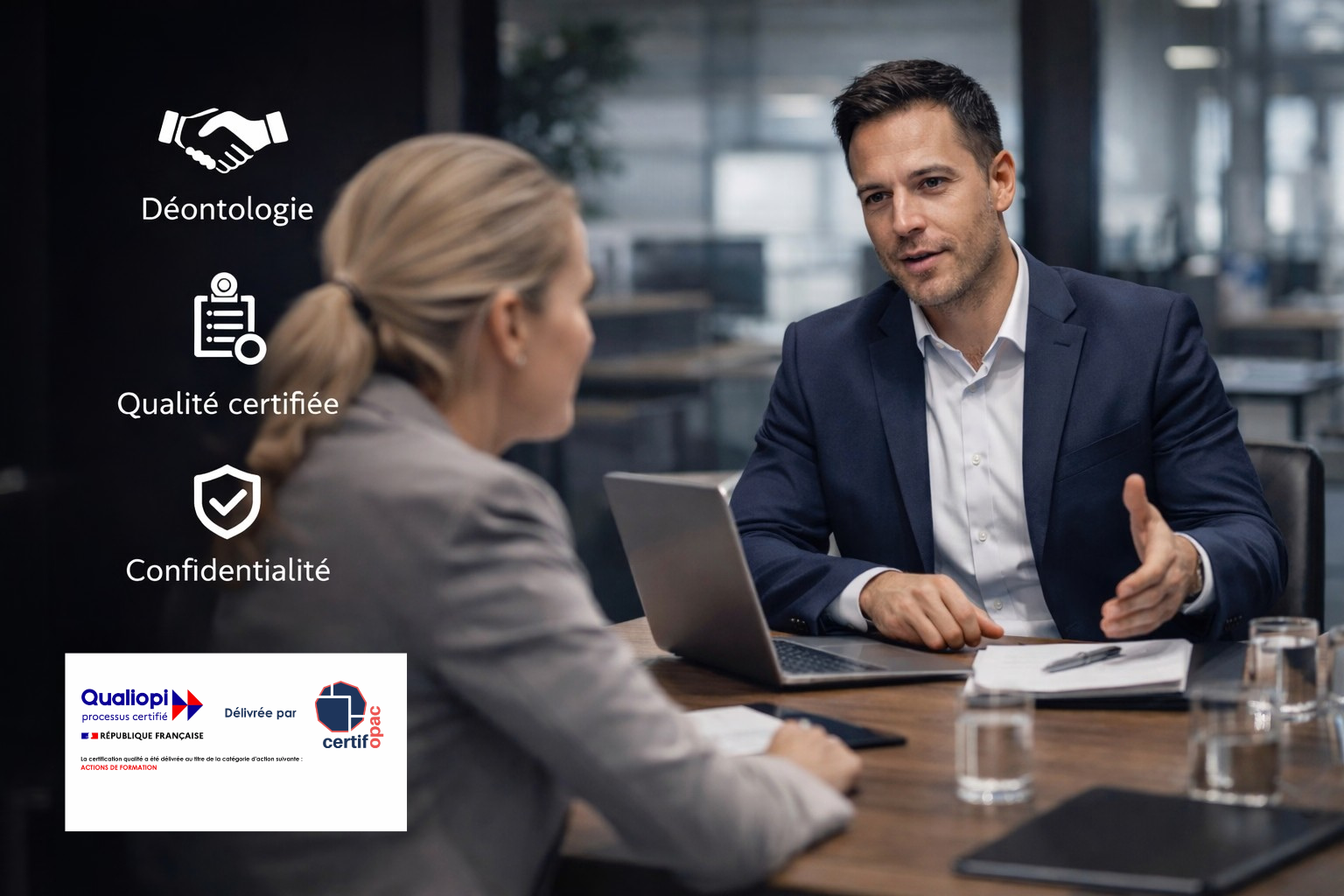 Deux professionnels en réunion dans une salle de conférence moderne, avec icônes et texte sur la certification, la qualité et la confidentialité, et un logo de certification française en bas à gauche.
