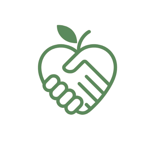 Logo représentant deux mains qui se serrent, formant la silhouette d'une pomme avec une feuille