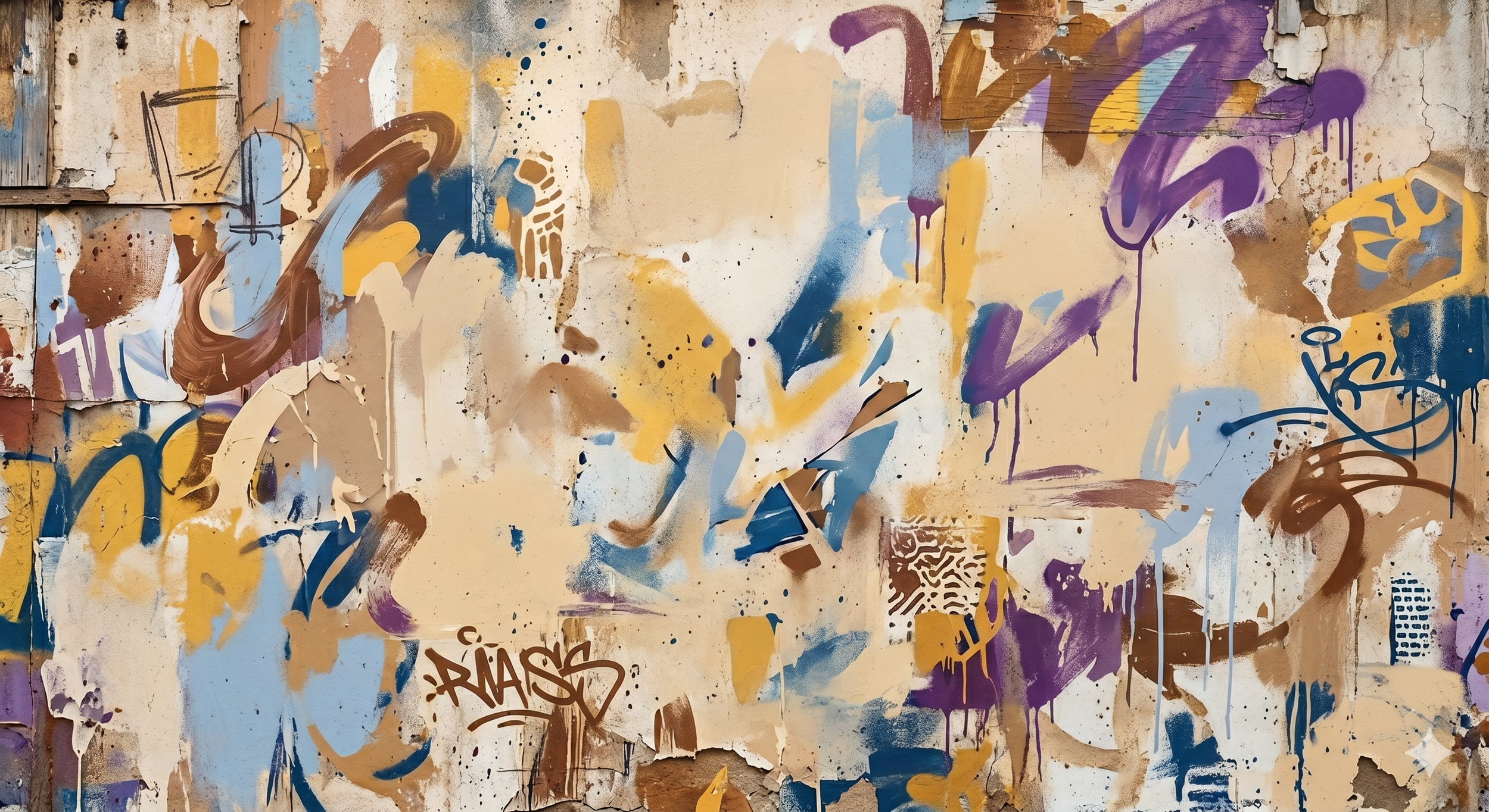 Abstract wall graffiti with splashes of blue, purple, yellow, brown, and white paint, torn paper pieces, and spray paint patterns.