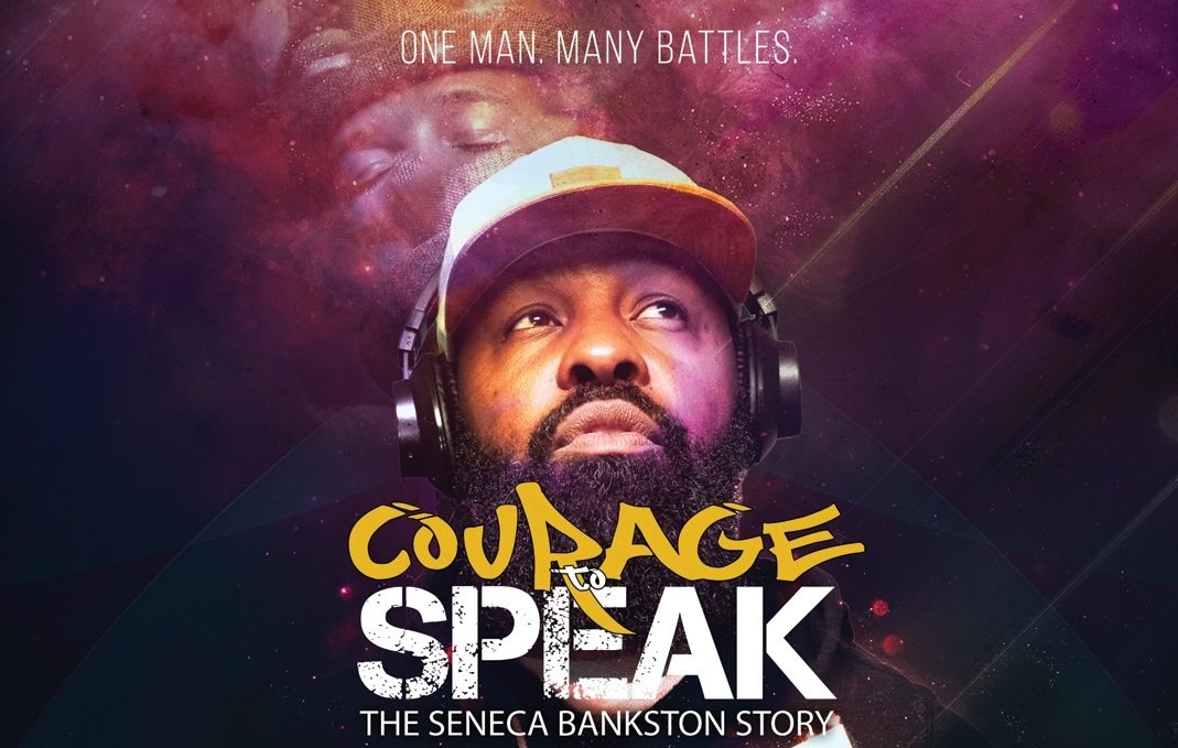 A digitally designed poster featuring a man wearing headphones and a cap, with a cosmic background, promoting a story titled "Courage to Speak: The Seneca Bankston Story," with the tagline "One man, many battles."